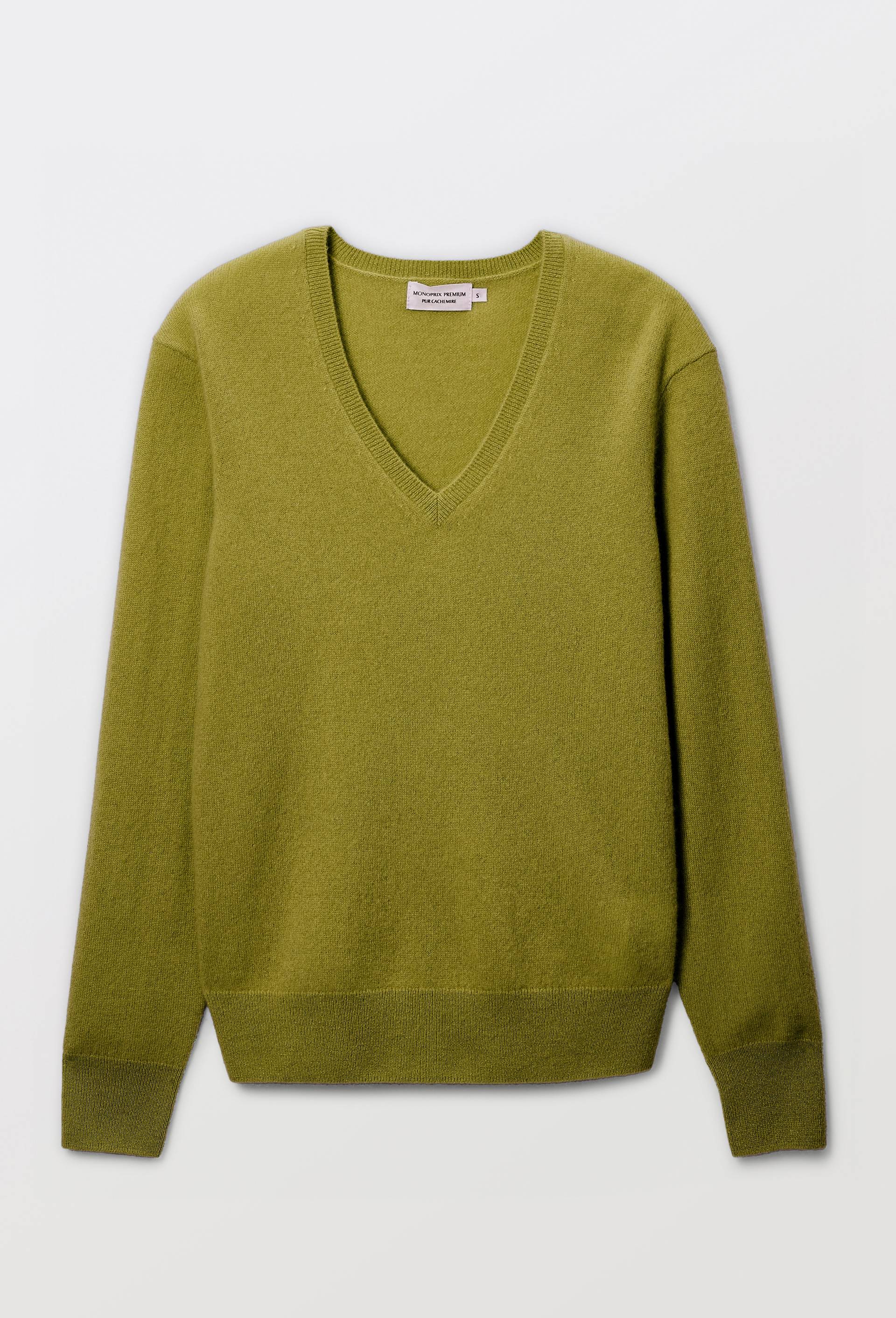 Pull uni col V en 100% cachemire, Vert, large image number 3.0