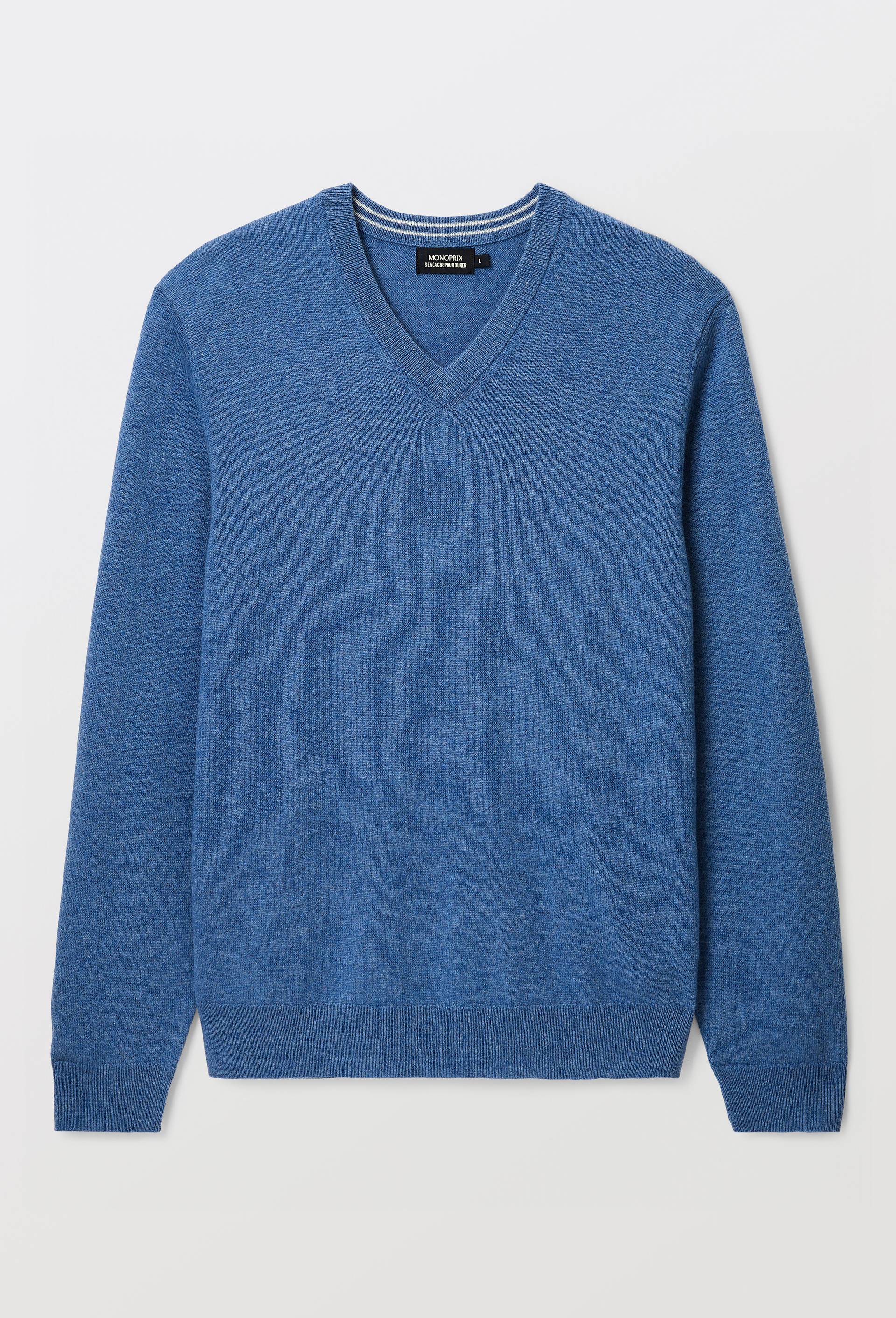Pull col V en m&eacute;lange laine et cachemire, Bleu, large image number 2.0