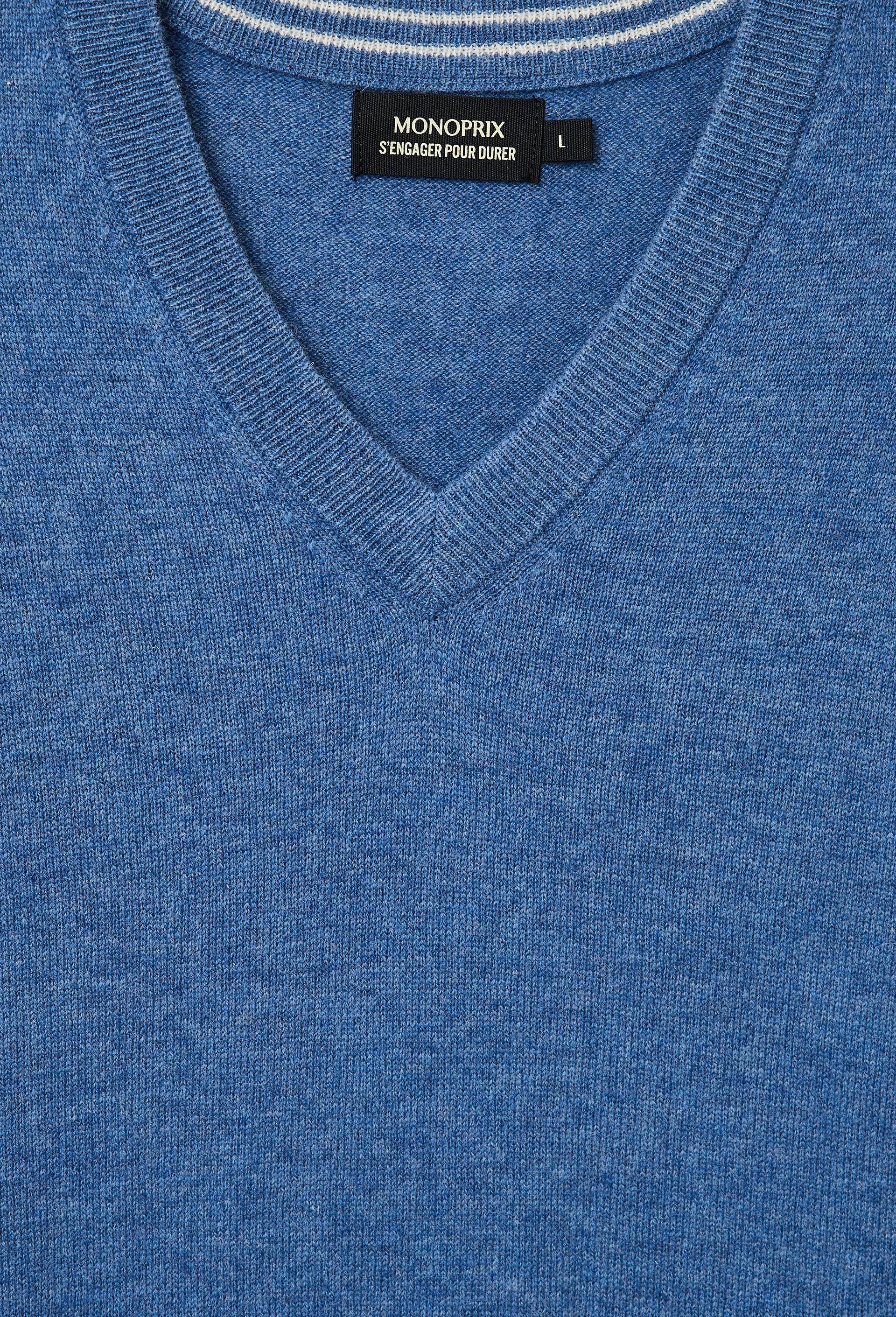 Pull col V en m&eacute;lange laine et cachemire, Bleu, large image number 4.0