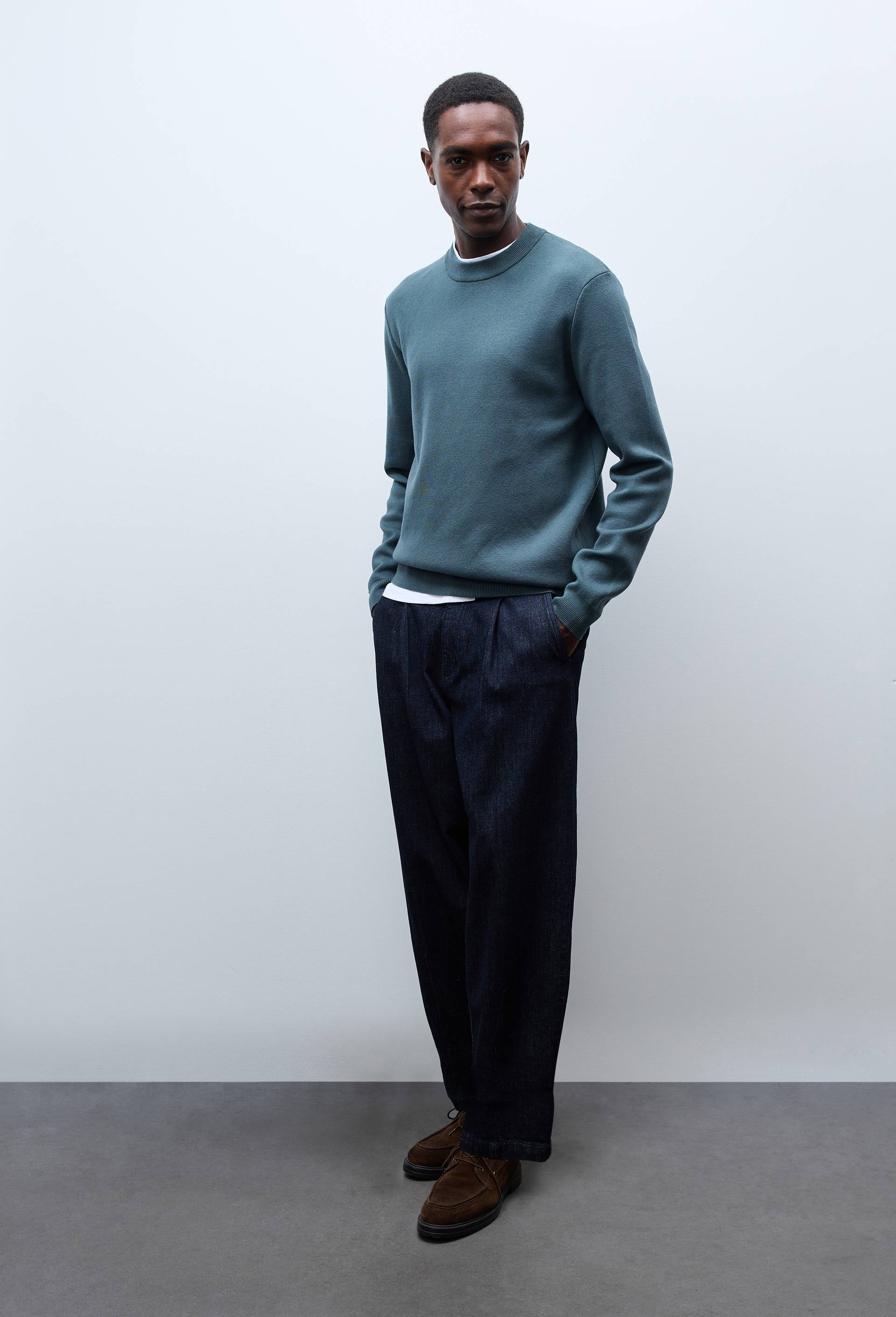 Pull col rond en m&eacute;lange coton et cachemire, Vert fonc&eacute;, swatch image
