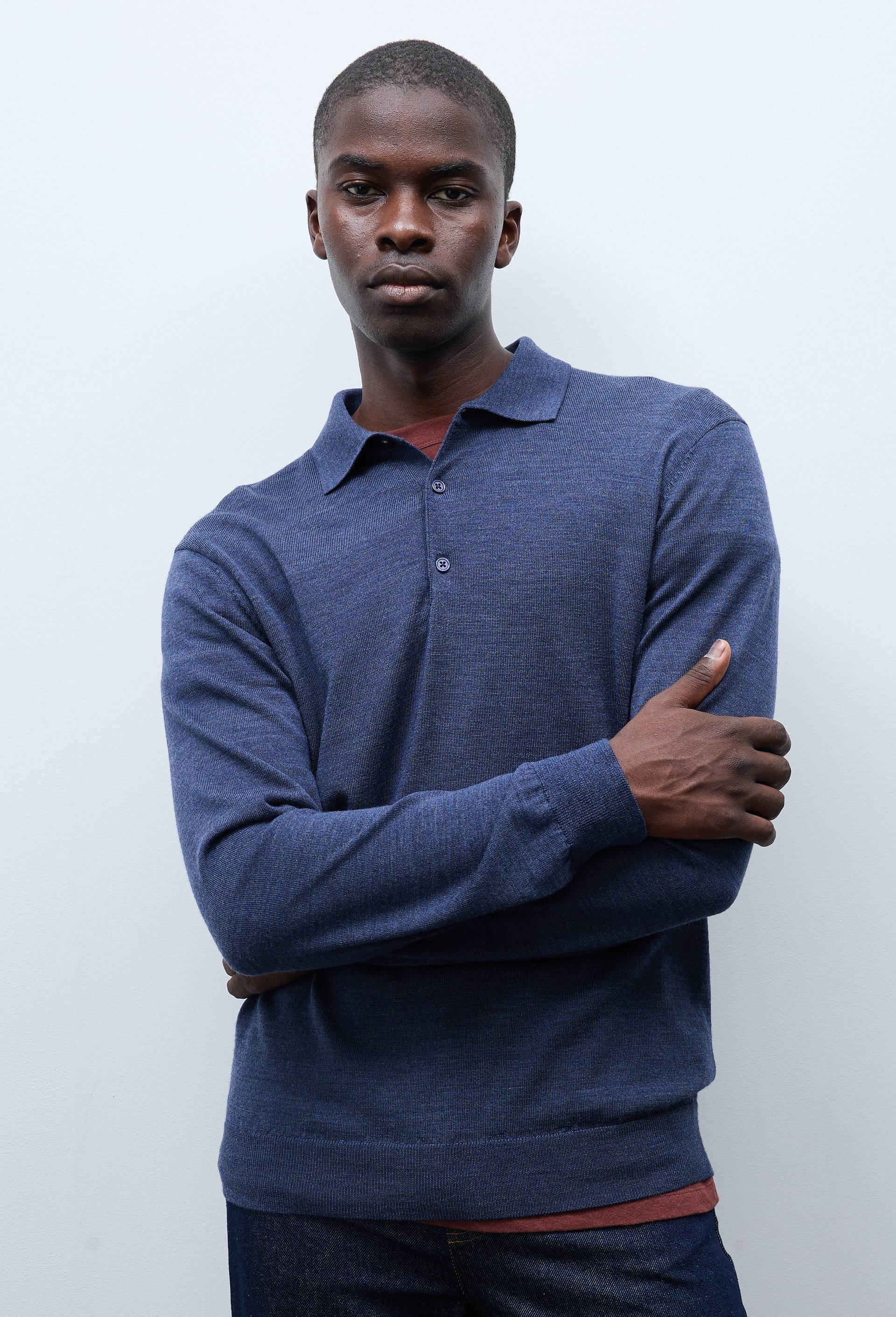 Pull col polo en laine m&eacute;rinos, Bleu fonc&eacute;, swatch image
