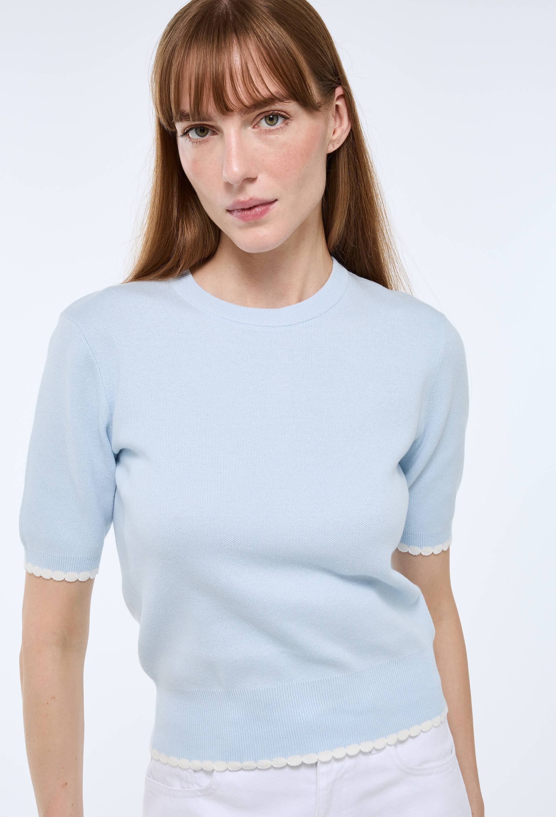 Pull manches courtes &agrave; bords constrast&eacute;s en coton BIO GOTS, Bleu, swatch image
