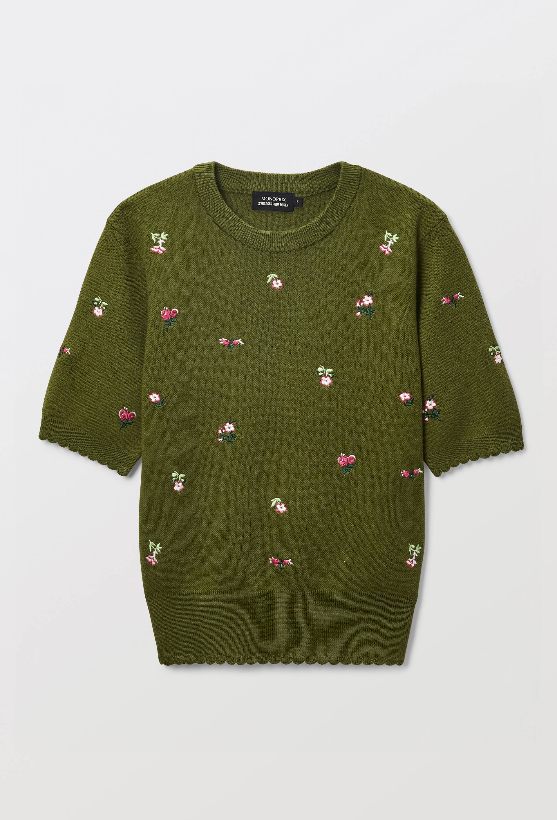 Pull manches courtes brod&eacute; en coton BIO GOTS, Vert fonc&eacute;, large image number 2.0