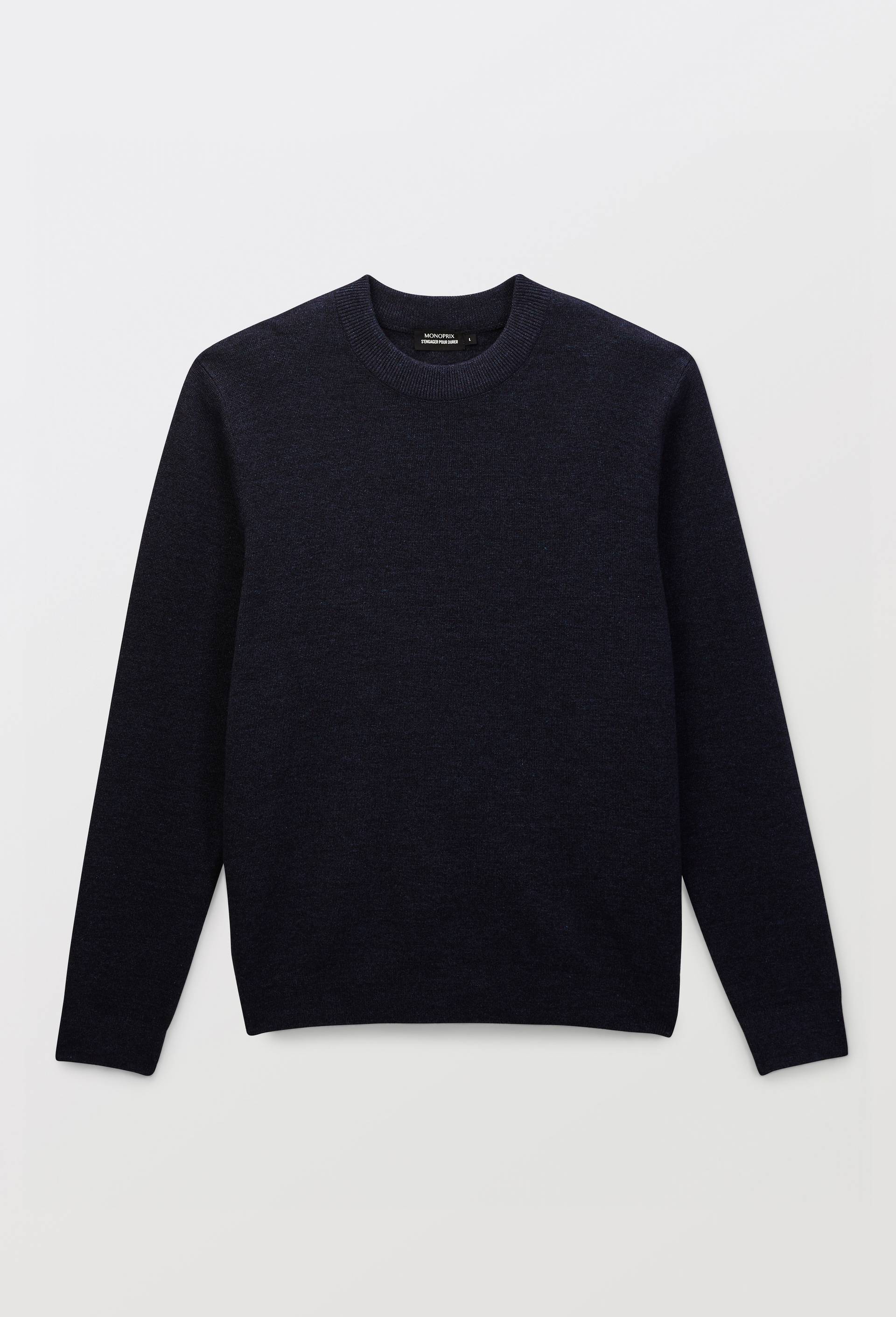 Pull col rond en coton et laine, Bleu fonc&eacute;, large image number 3