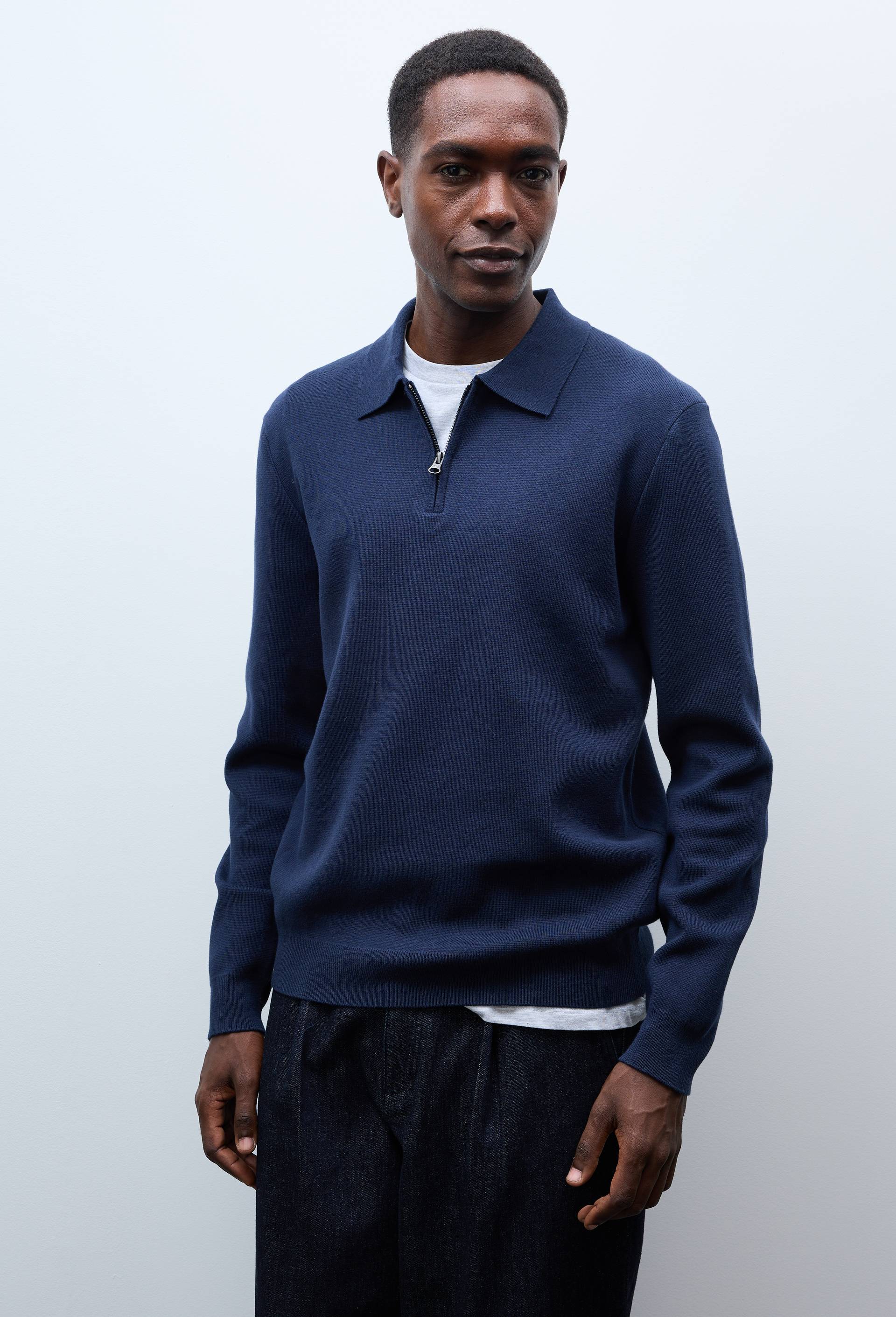 Pull col rond polo en coton et cachemire, Bleu fonc&eacute;, large image number 0.0