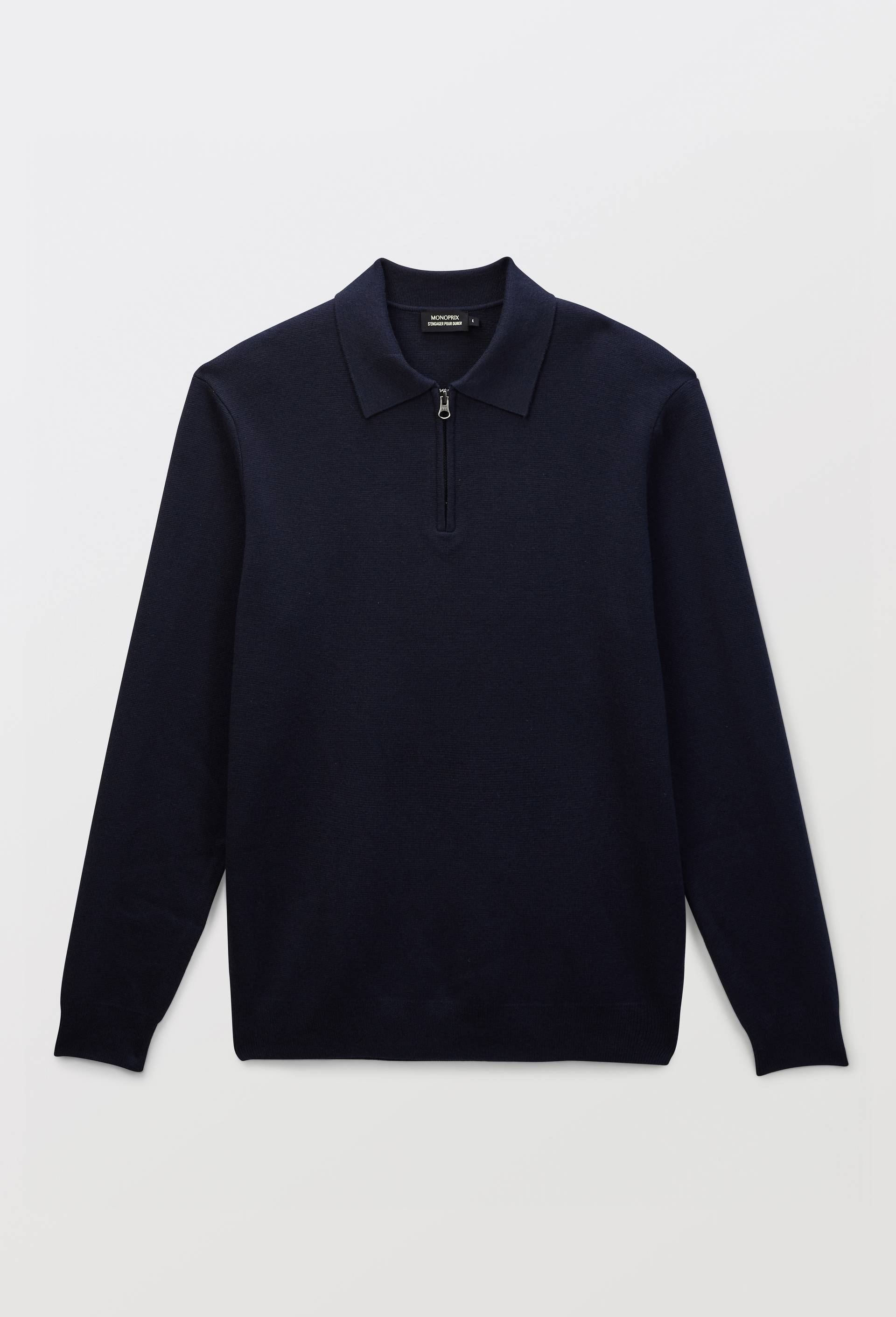 Pull col rond polo en coton et cachemire, Bleu fonc&eacute;, large image number 2