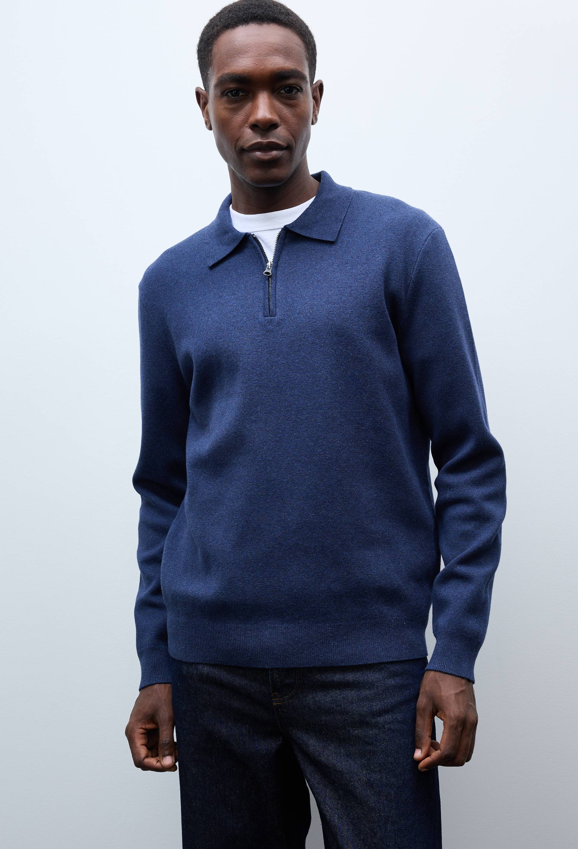Pull col rond polo en coton et cachemire, Bleu fonc&eacute;, large image number 1.0