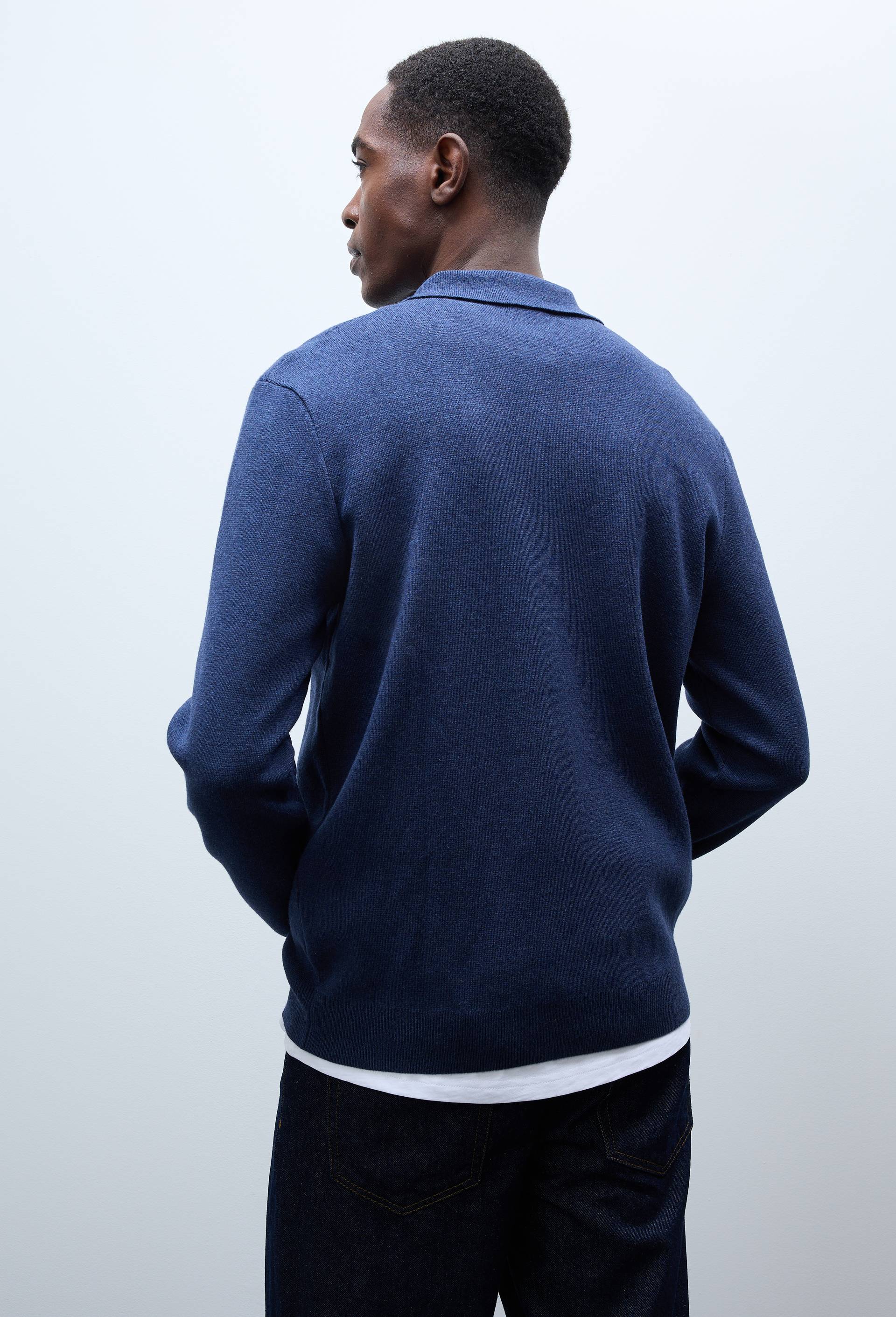 Pull col rond polo en coton et cachemire, Bleu fonc&eacute;, large image number 2