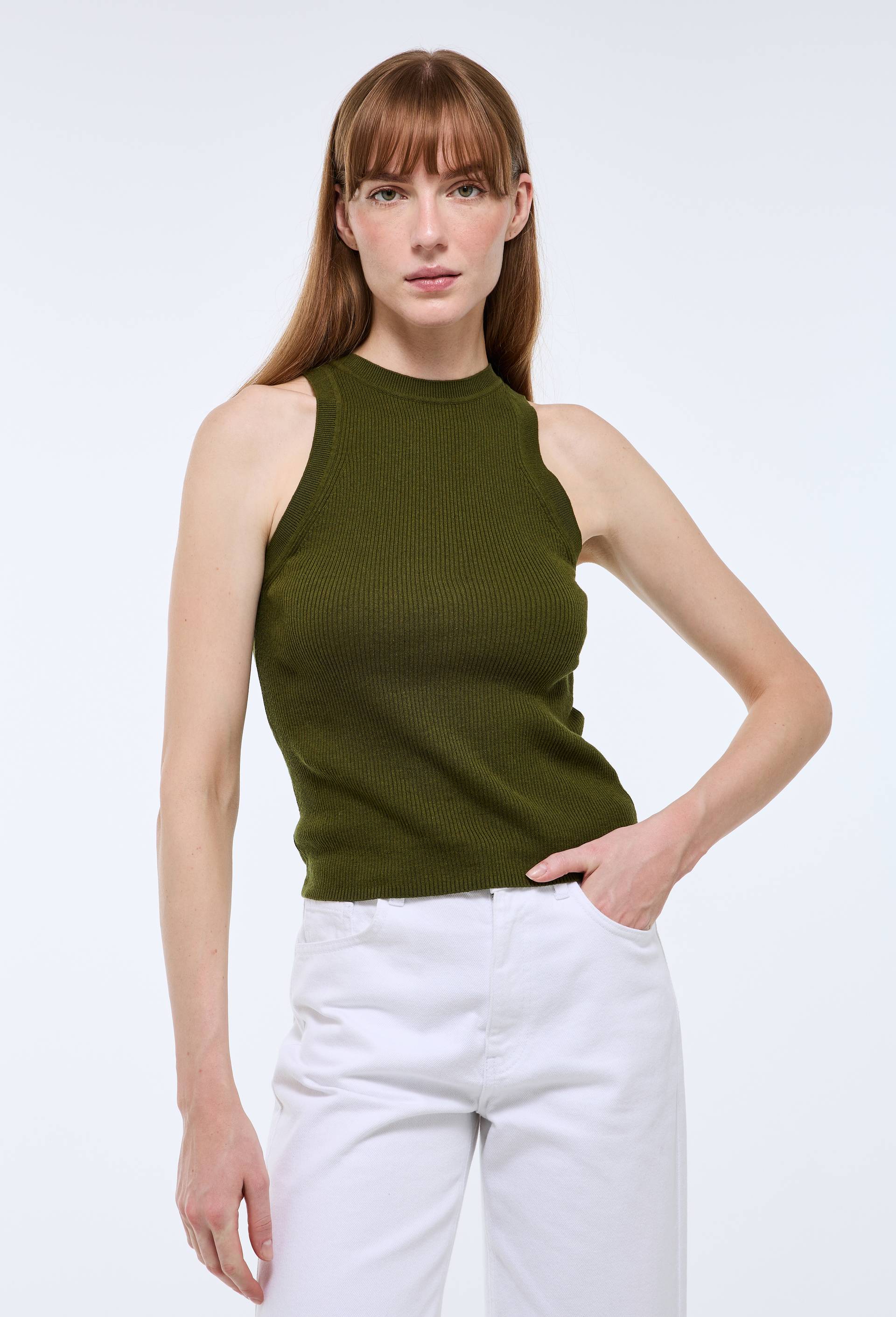 D&eacute;bardeur en fine maille c&ocirc;tel&eacute;e, Vert fonc&eacute;, swatch image