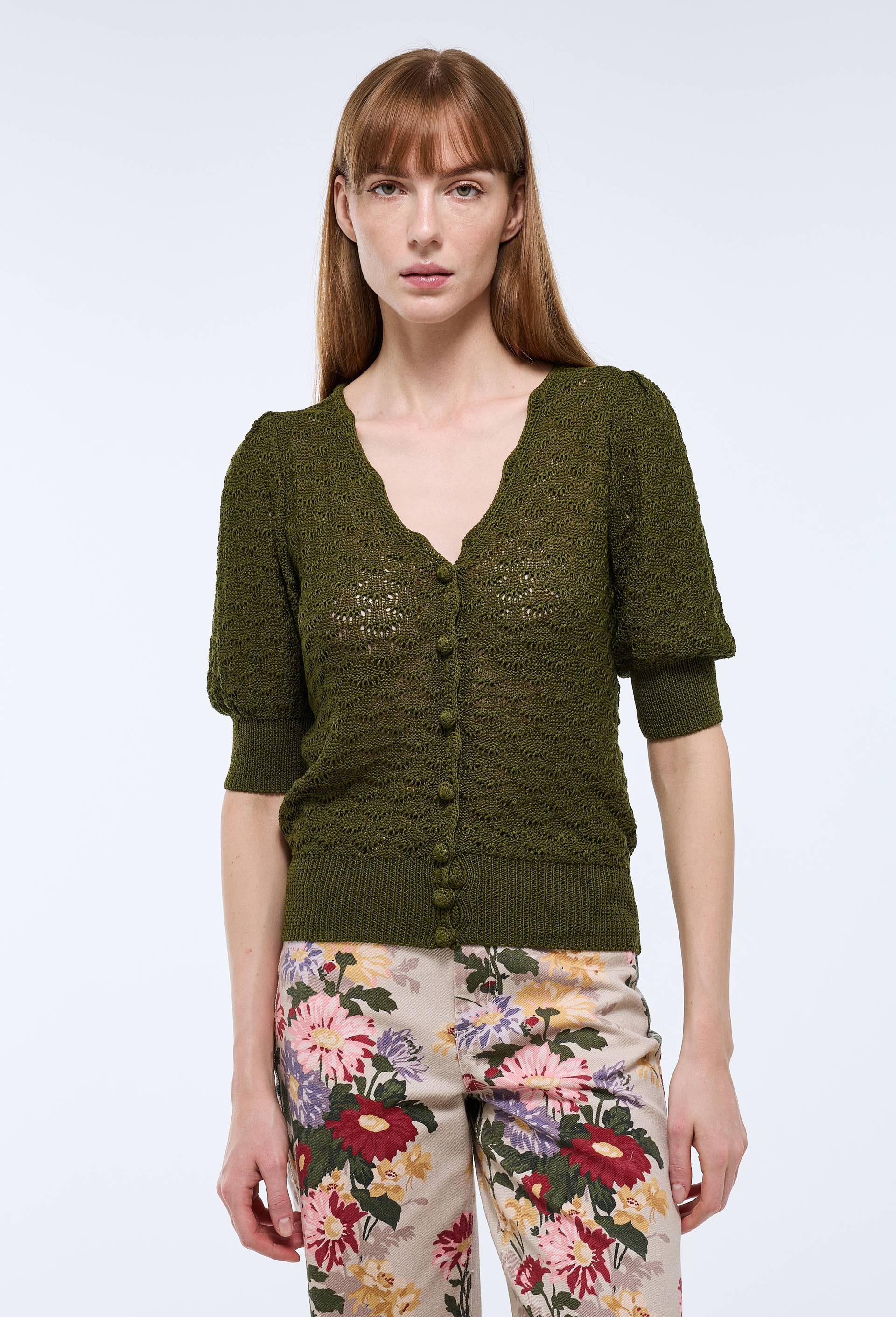 Top manches coudes en maille fantaisie, Vert fonc&eacute;, large image number 0.0