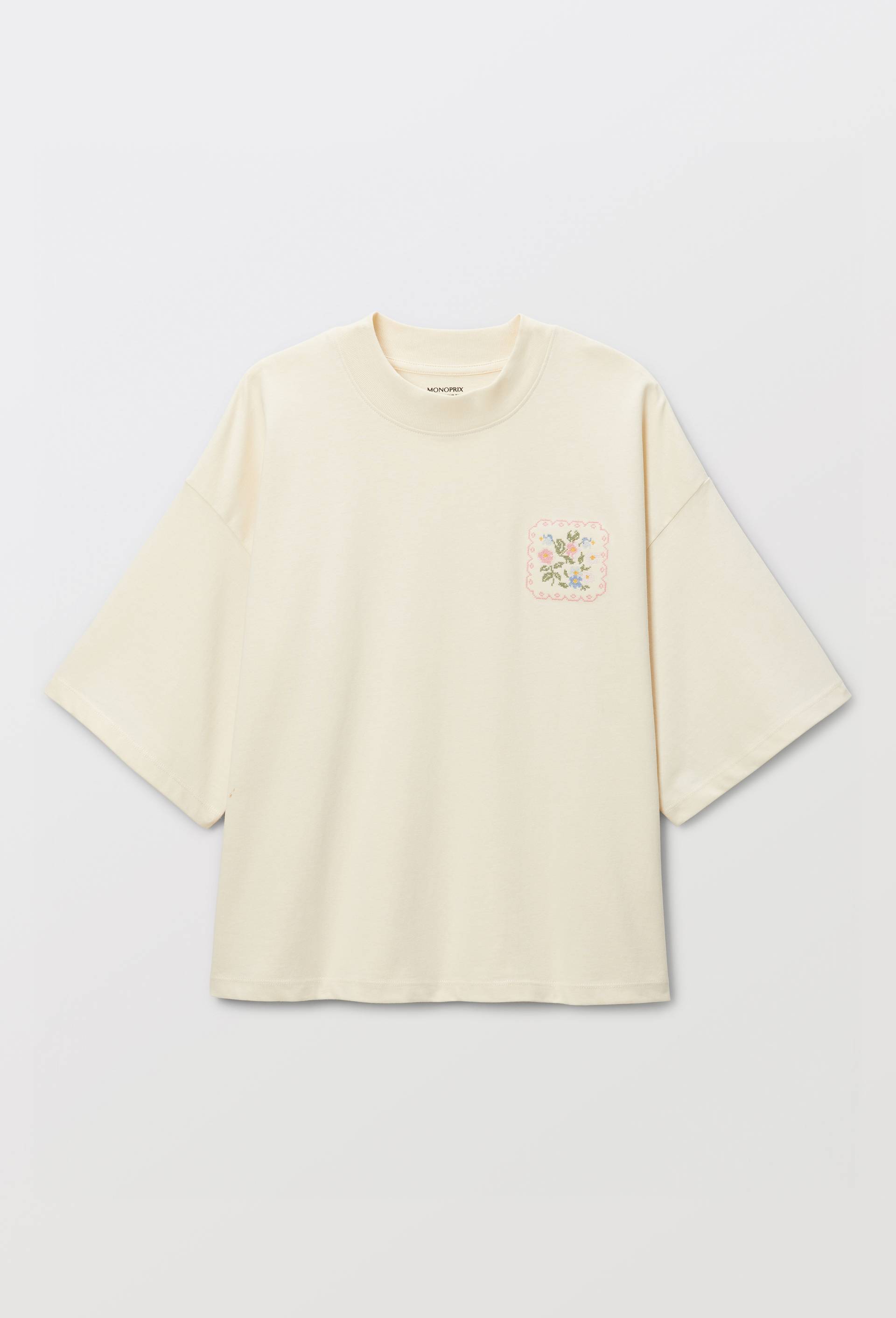 T-shirt &agrave; manches courtes avec broderie plac&eacute;e en coton BIO GOTS, Beige clair, large image number 3