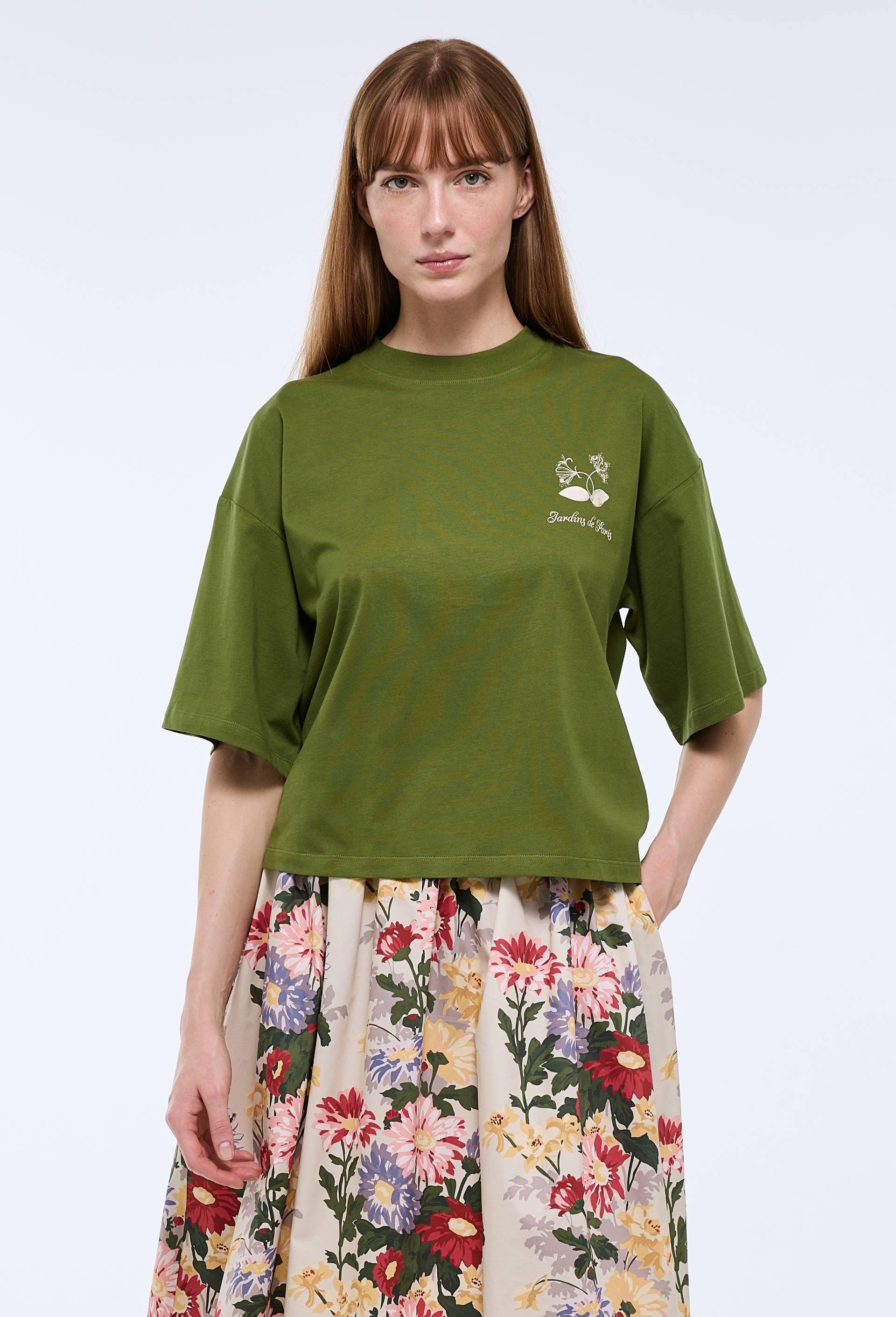 T-shirt &agrave; manches courtes avec imprim&eacute;s plac&eacute;s en coton BIO GOTS, Vert fonc&eacute;, large image number 0