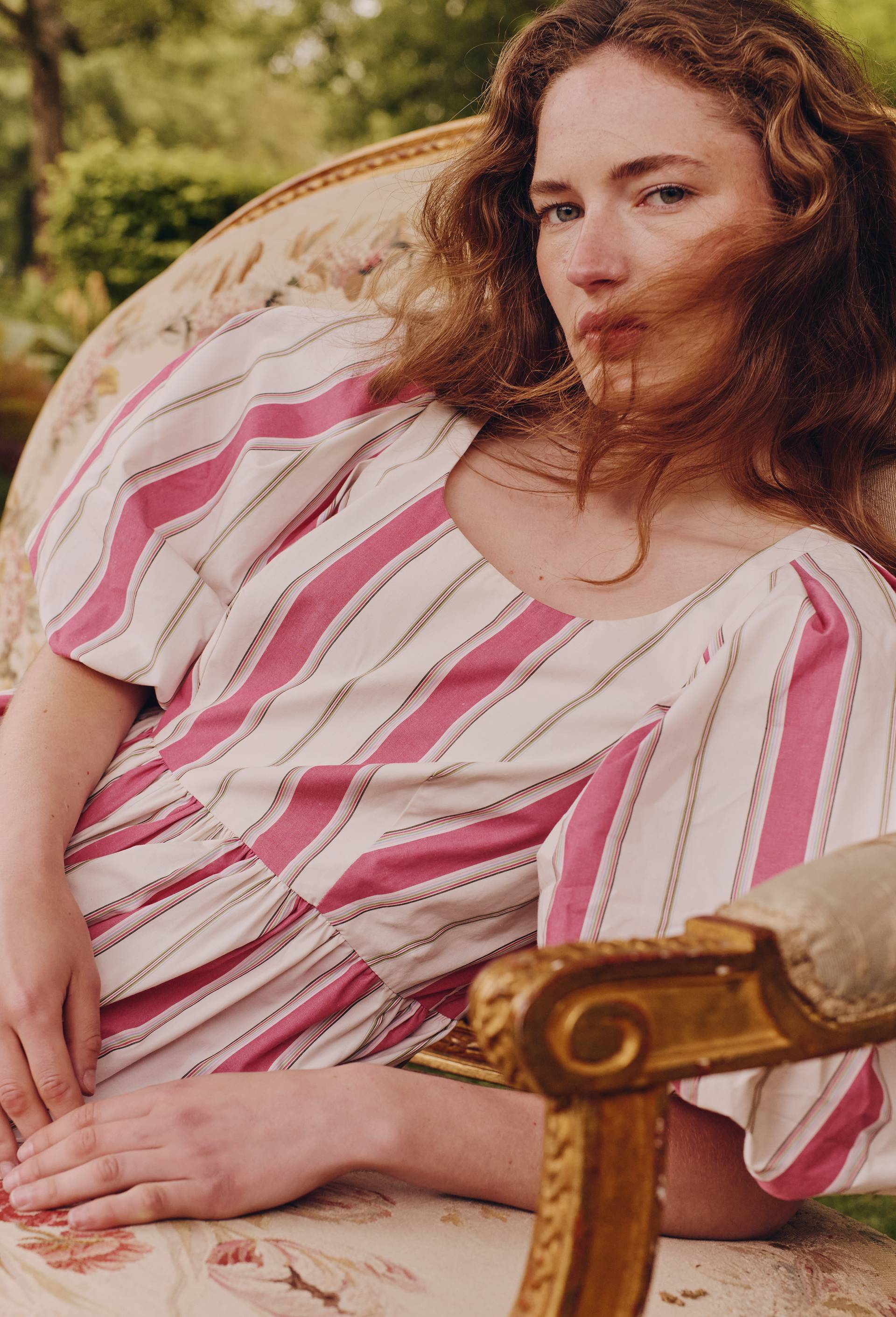 Robe longue ray&eacute;e avec manches bouffantes en coton BIO GOTS, Rose, large image number 1.0