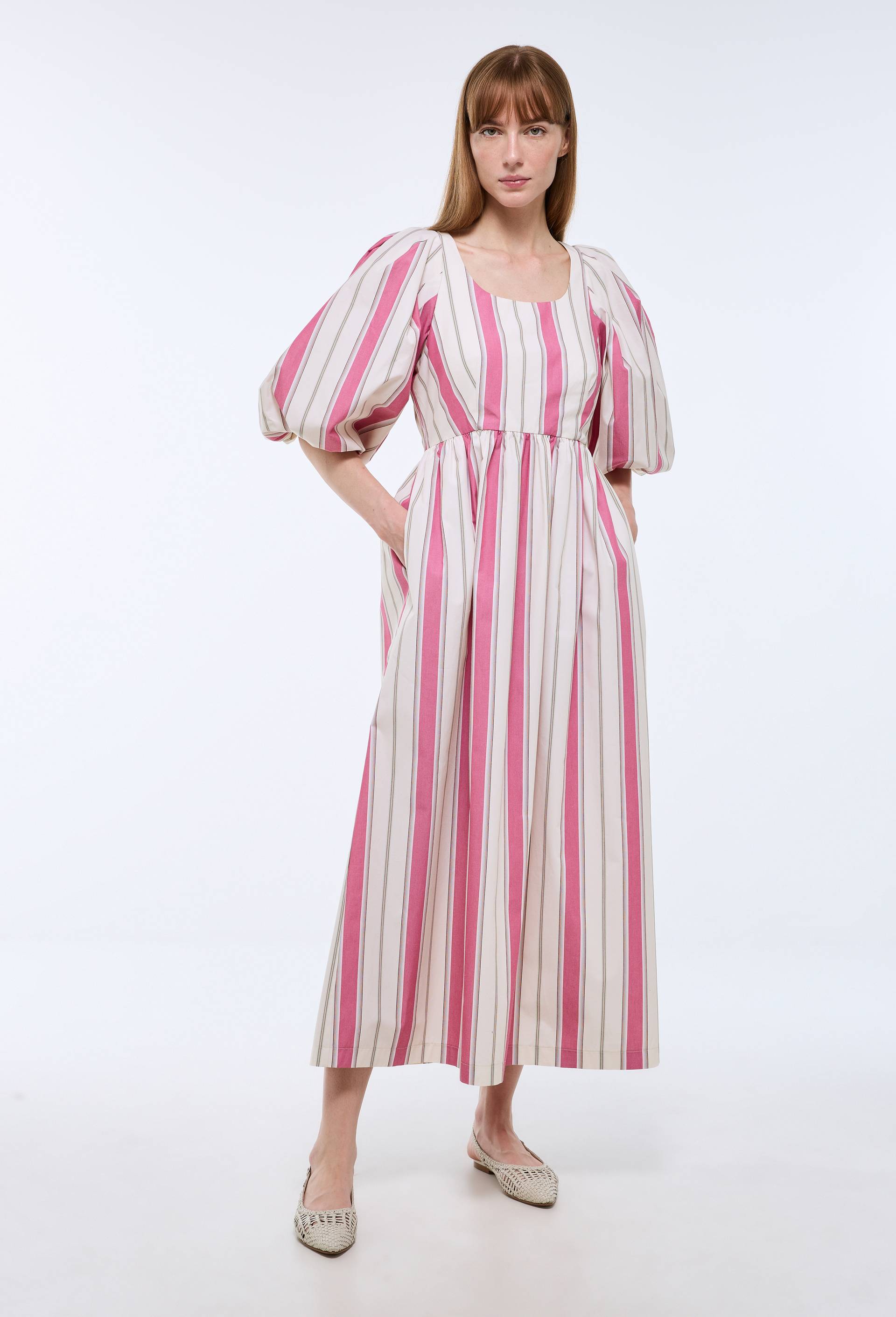 Robe longue ray&eacute;e avec manches bouffantes en coton BIO GOTS, Rose, large image number 2