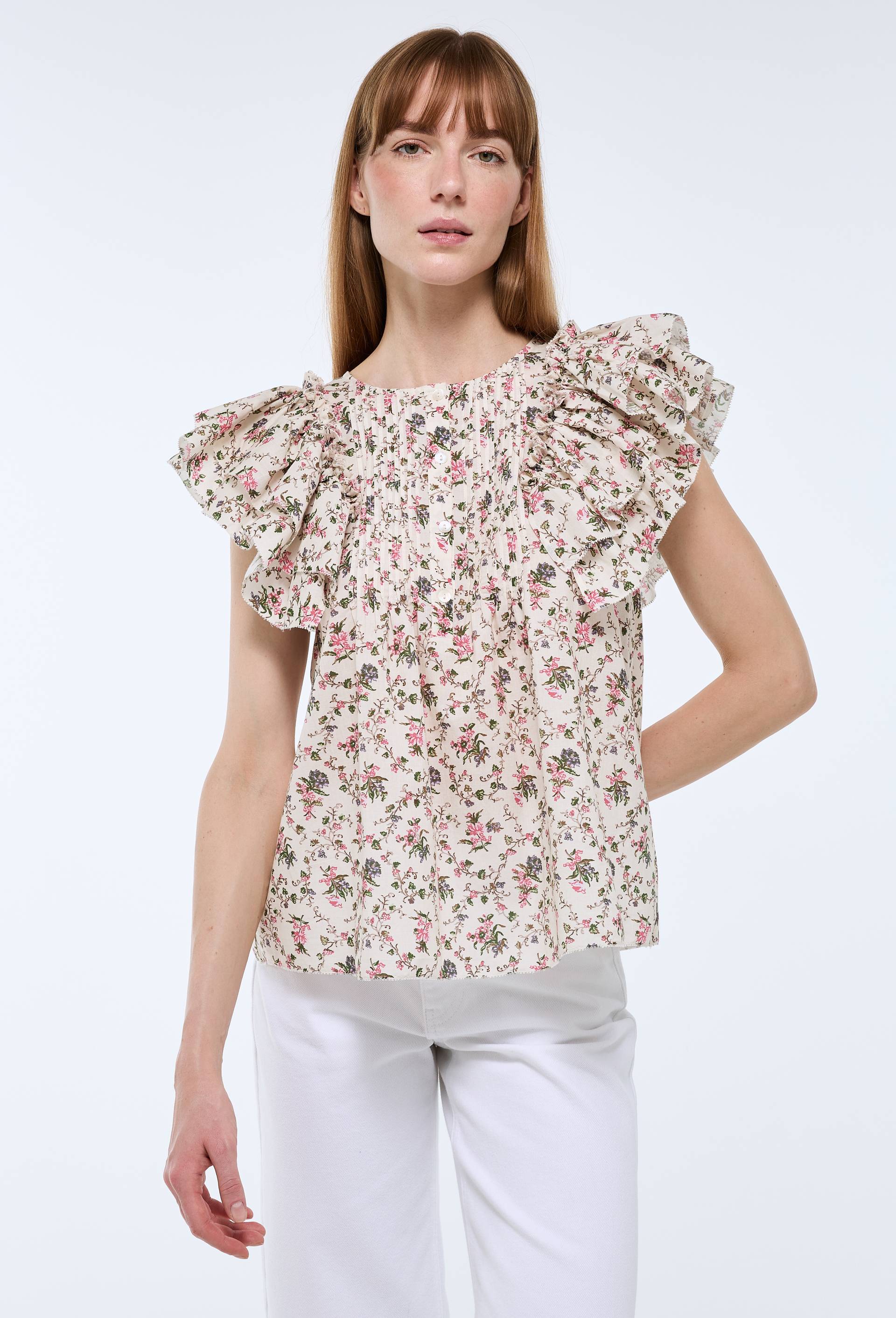 Top sans manches imprim&eacute; en voile de coton BIO GOTS, Beige clair, large image number 0.0