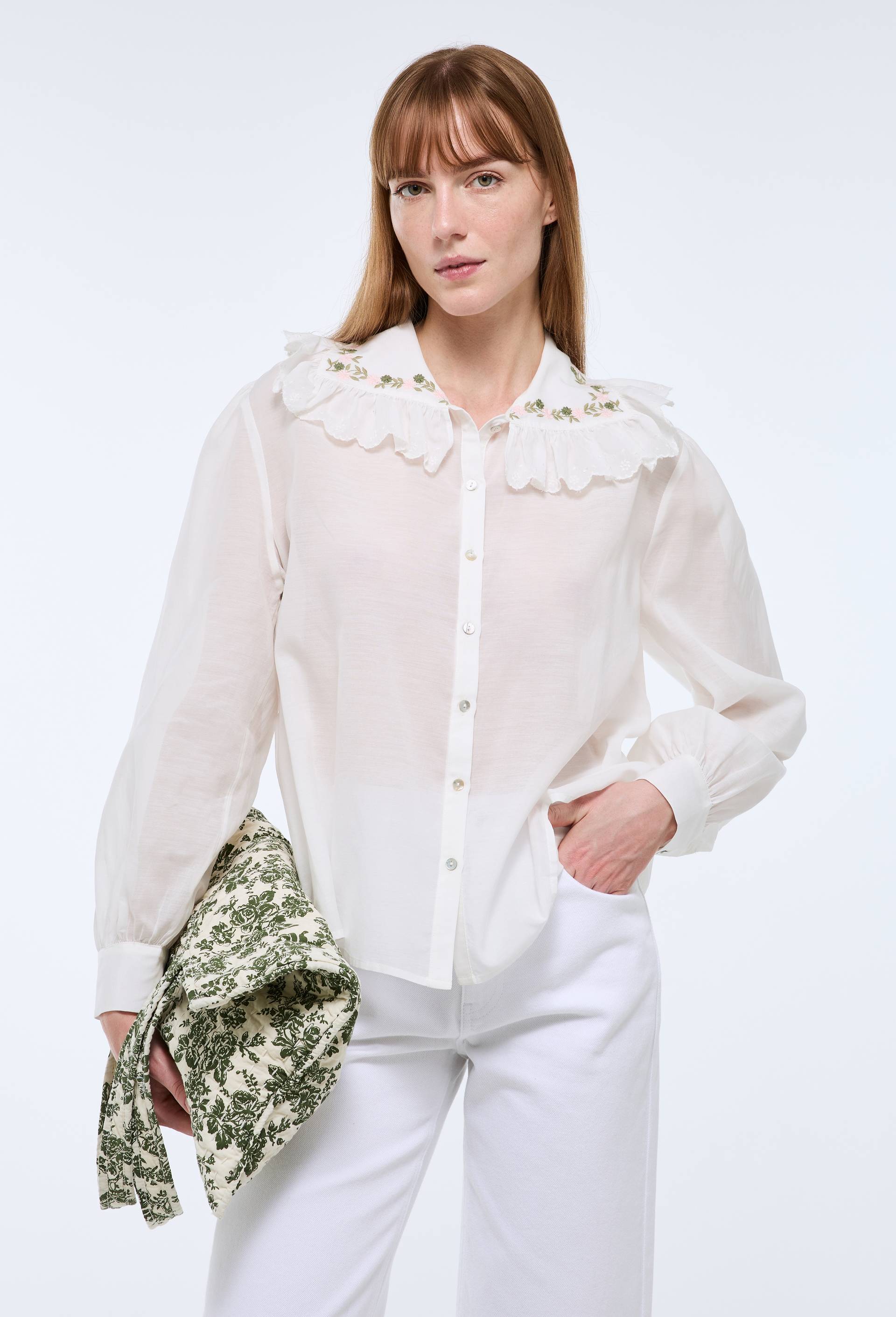 Chemise unie d&eacute;tails col contenant du coton, Ecru, swatch image