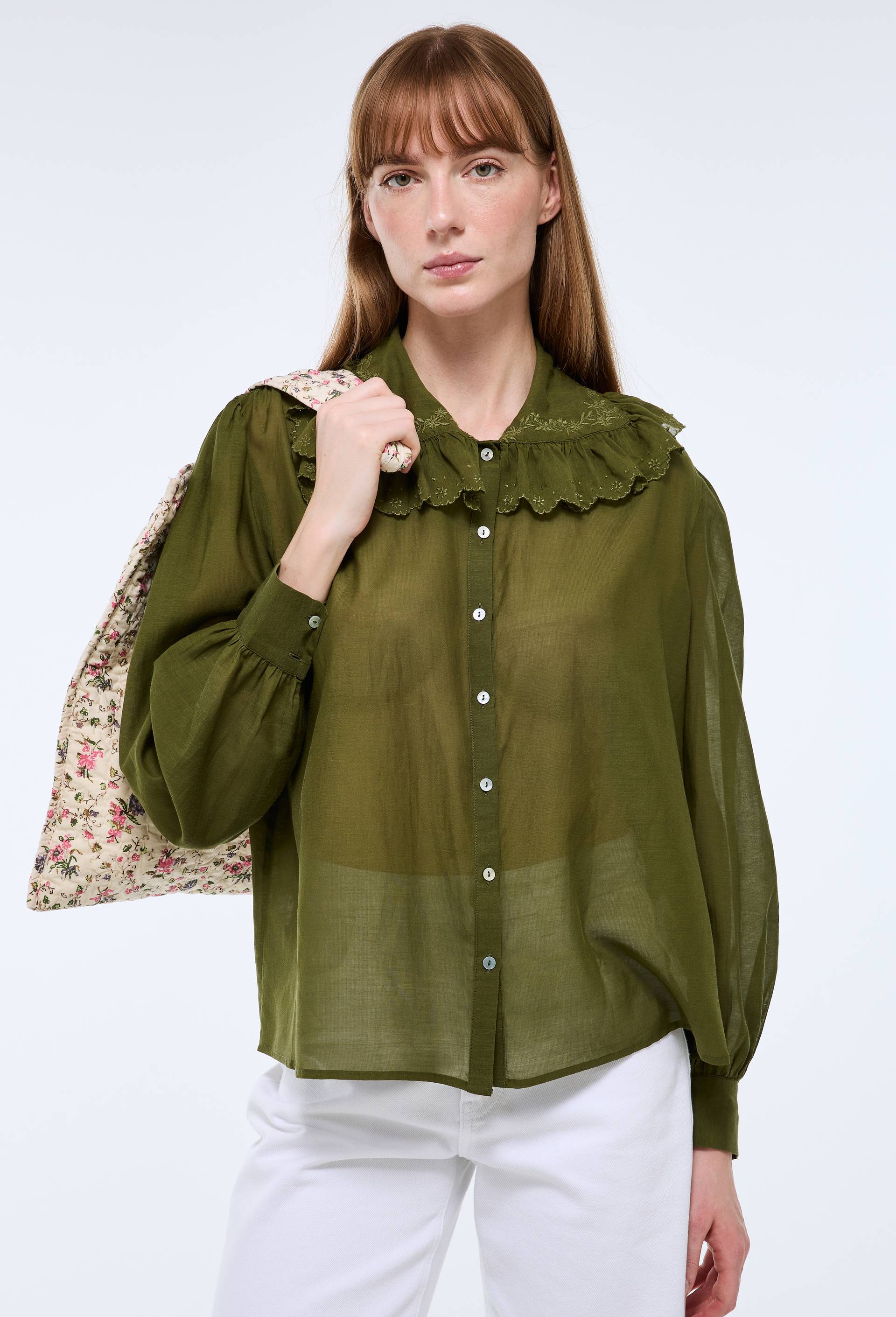 Chemise unie d&eacute;tails col contenant du coton, Vert fonc&eacute;, large image number 0