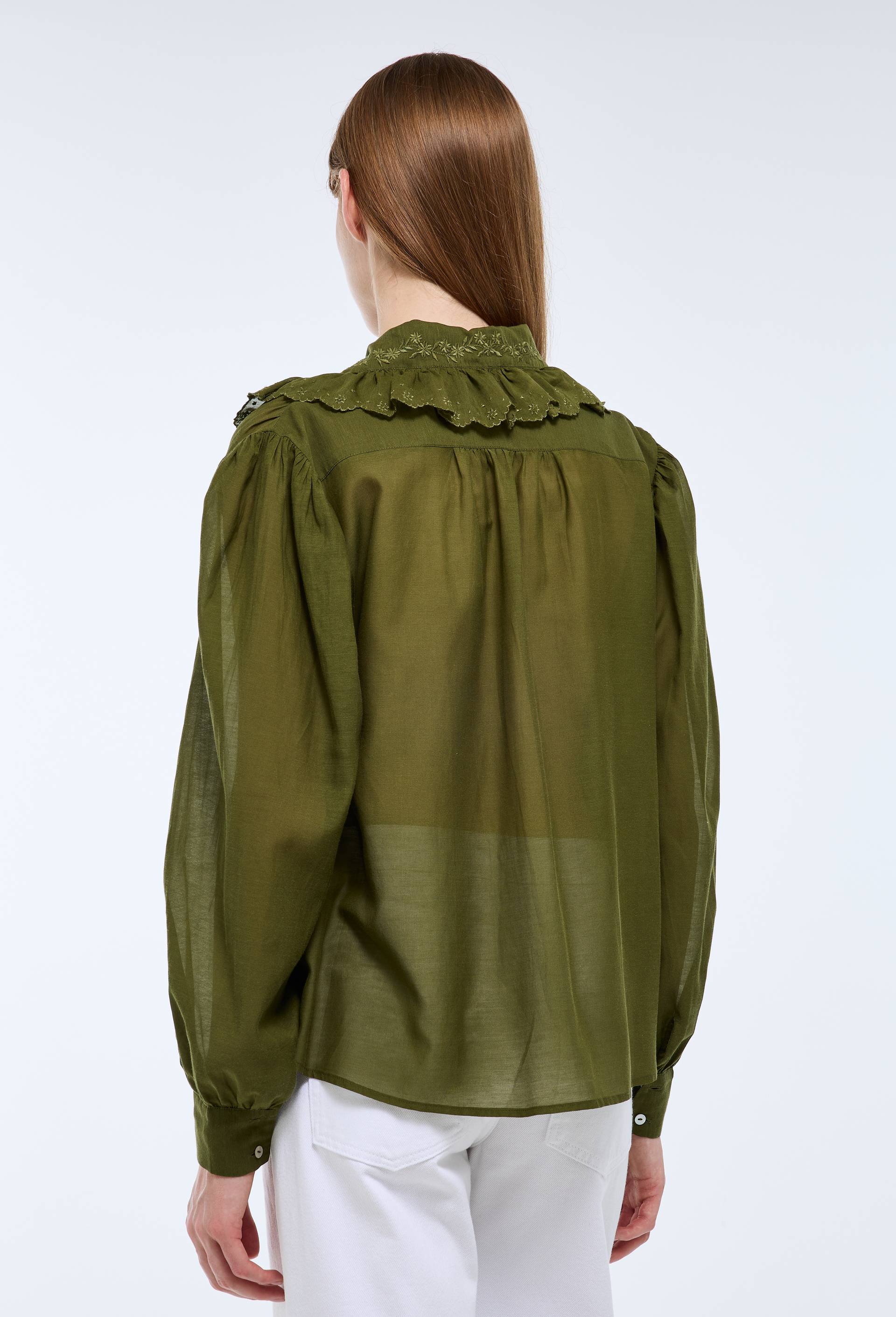 Chemise unie d&eacute;tails col contenant du coton, Vert fonc&eacute;, large image number 1