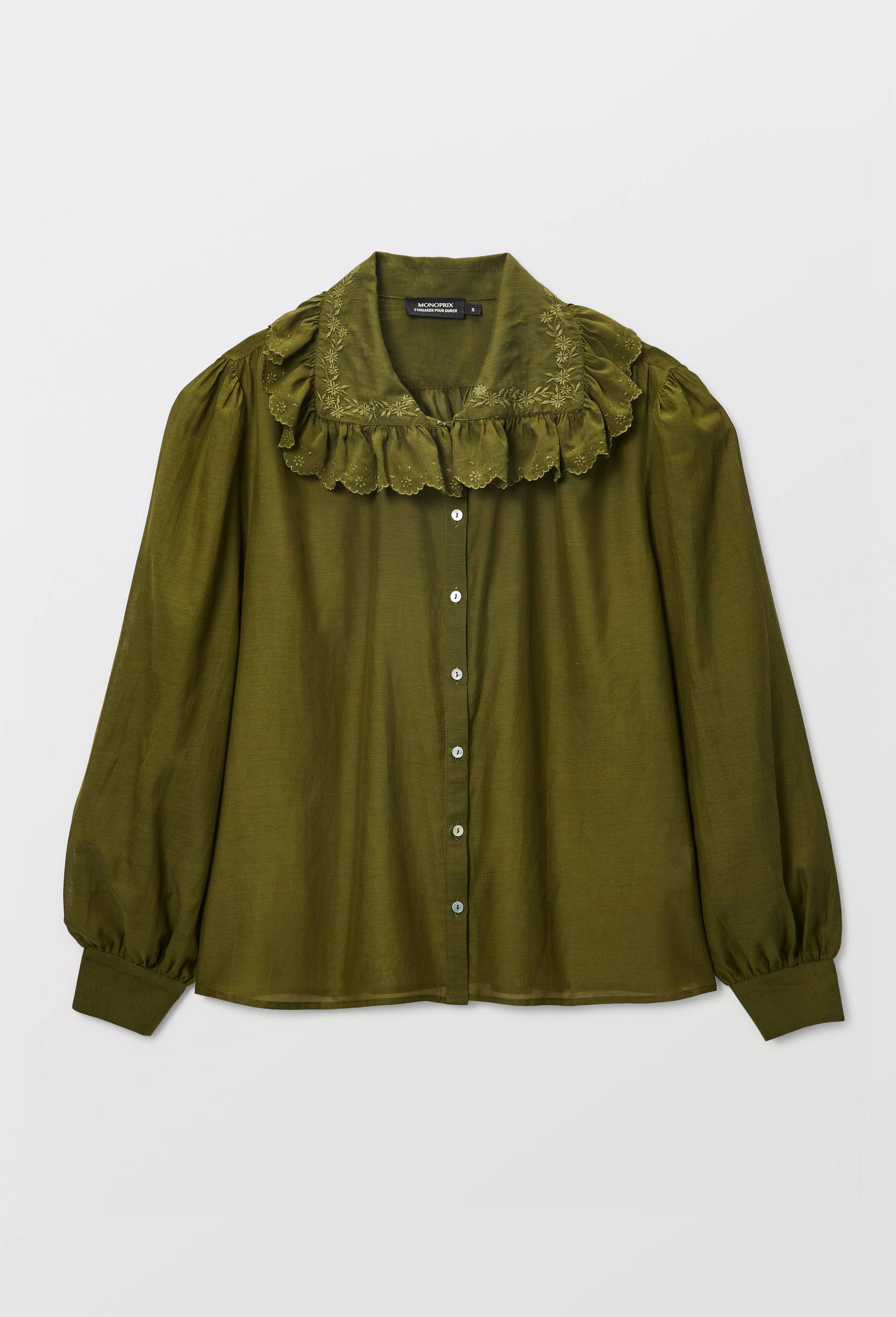 Chemise unie d&eacute;tails col contenant du coton, Vert fonc&eacute;, large image number 2