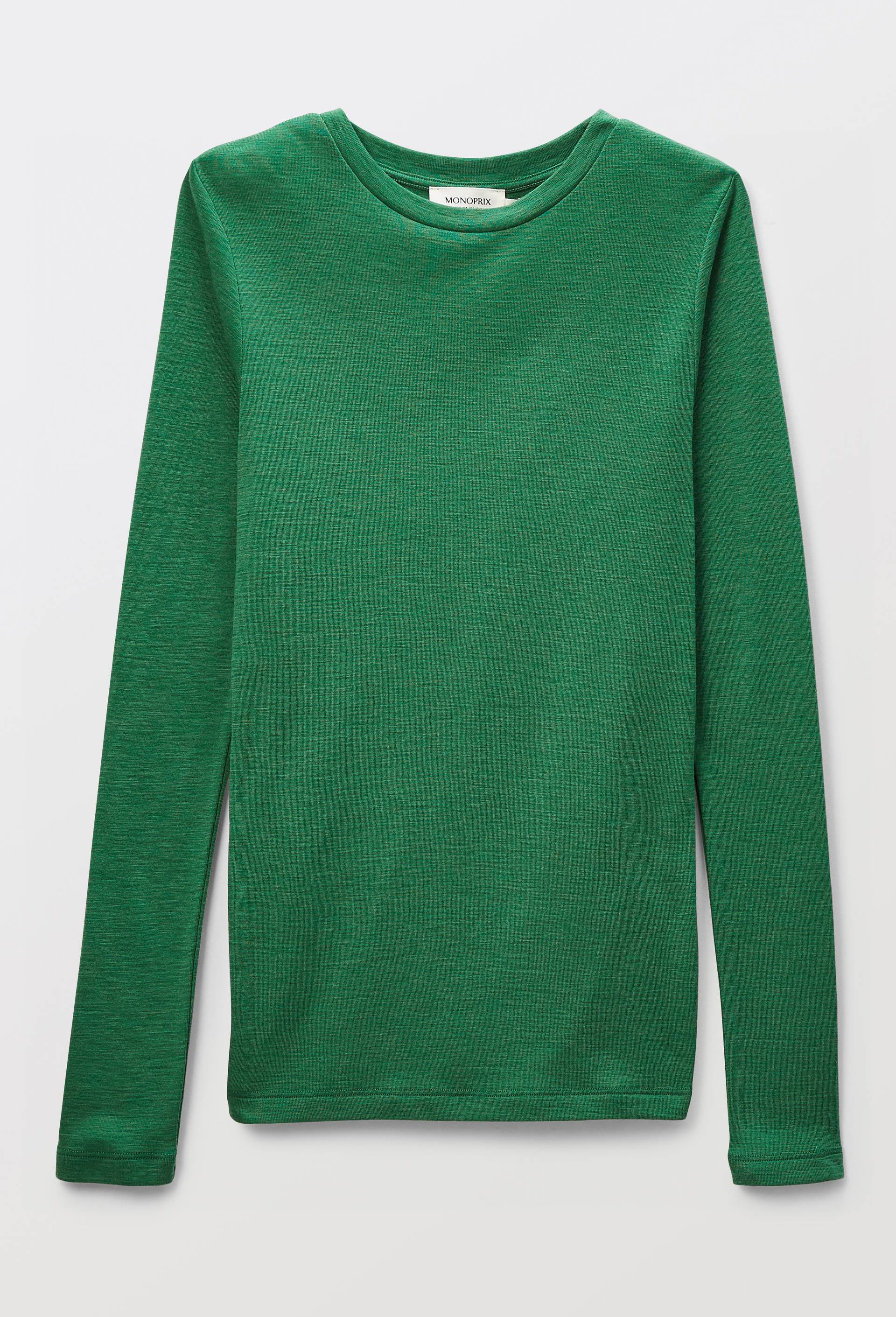 T-shirt manches longues en laine m&eacute;rinos, Vert, large image number 2.0