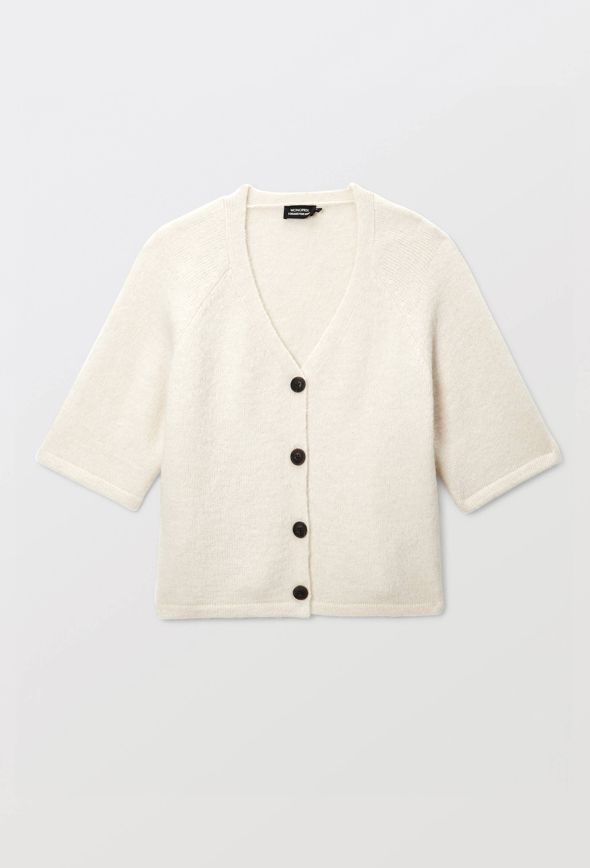 Cardigan manches coudes boutonn&eacute; contenant de l'alpaga, Ecru, large image number 2