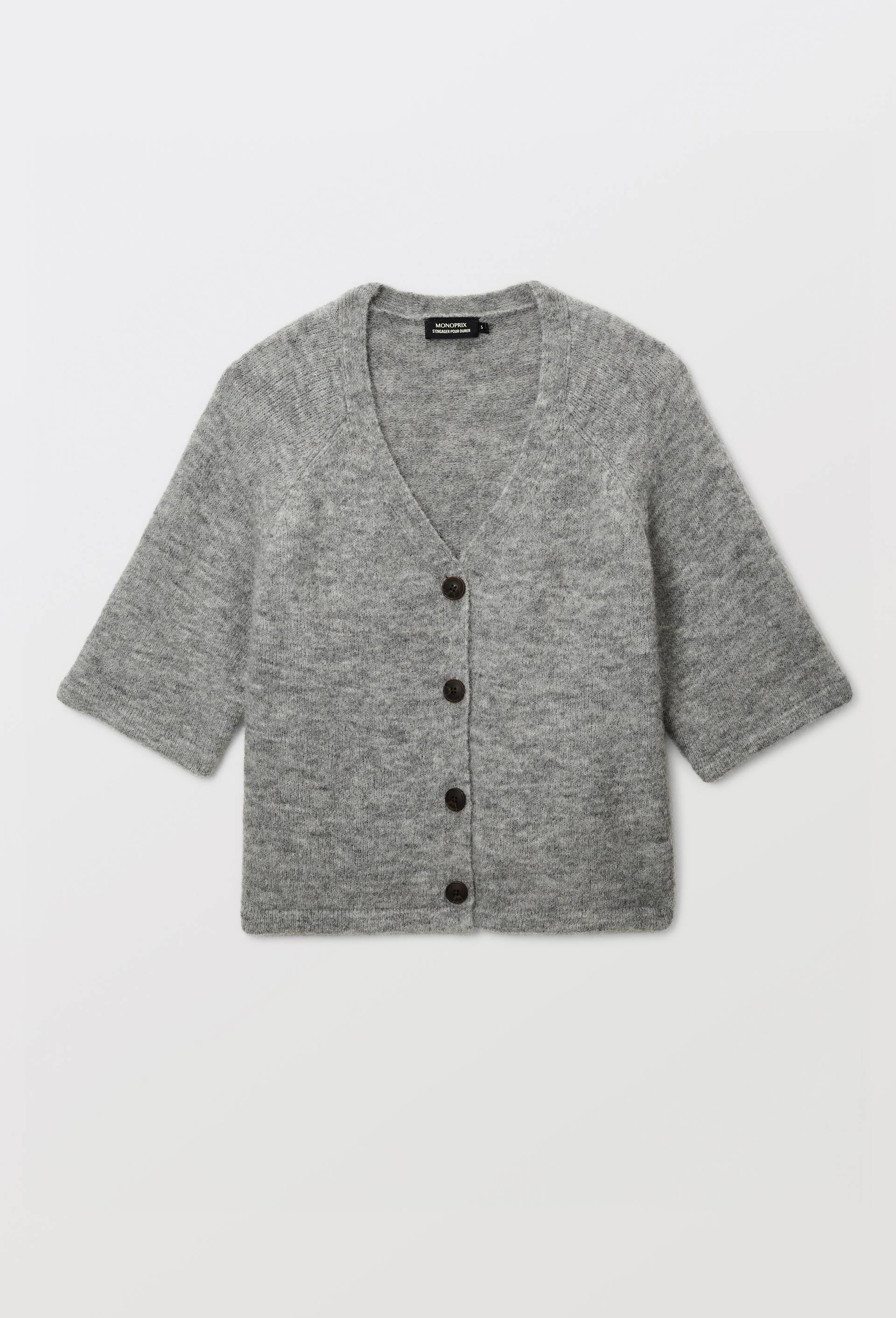Cardigan manches coudes boutonn&eacute; contenant de l'alpaga, Gris, large image number 3.0