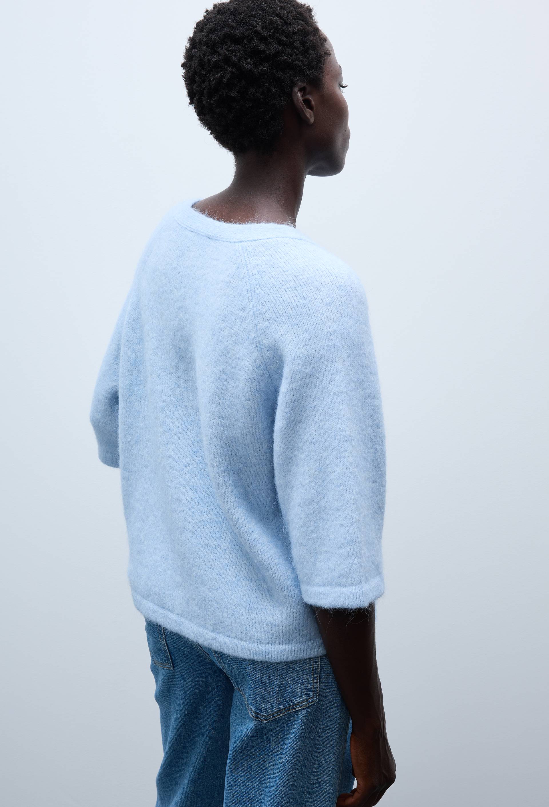 Cardigan manches coudes boutonn&eacute; contenant de l'alpaga, Bleu, large image number 1.0