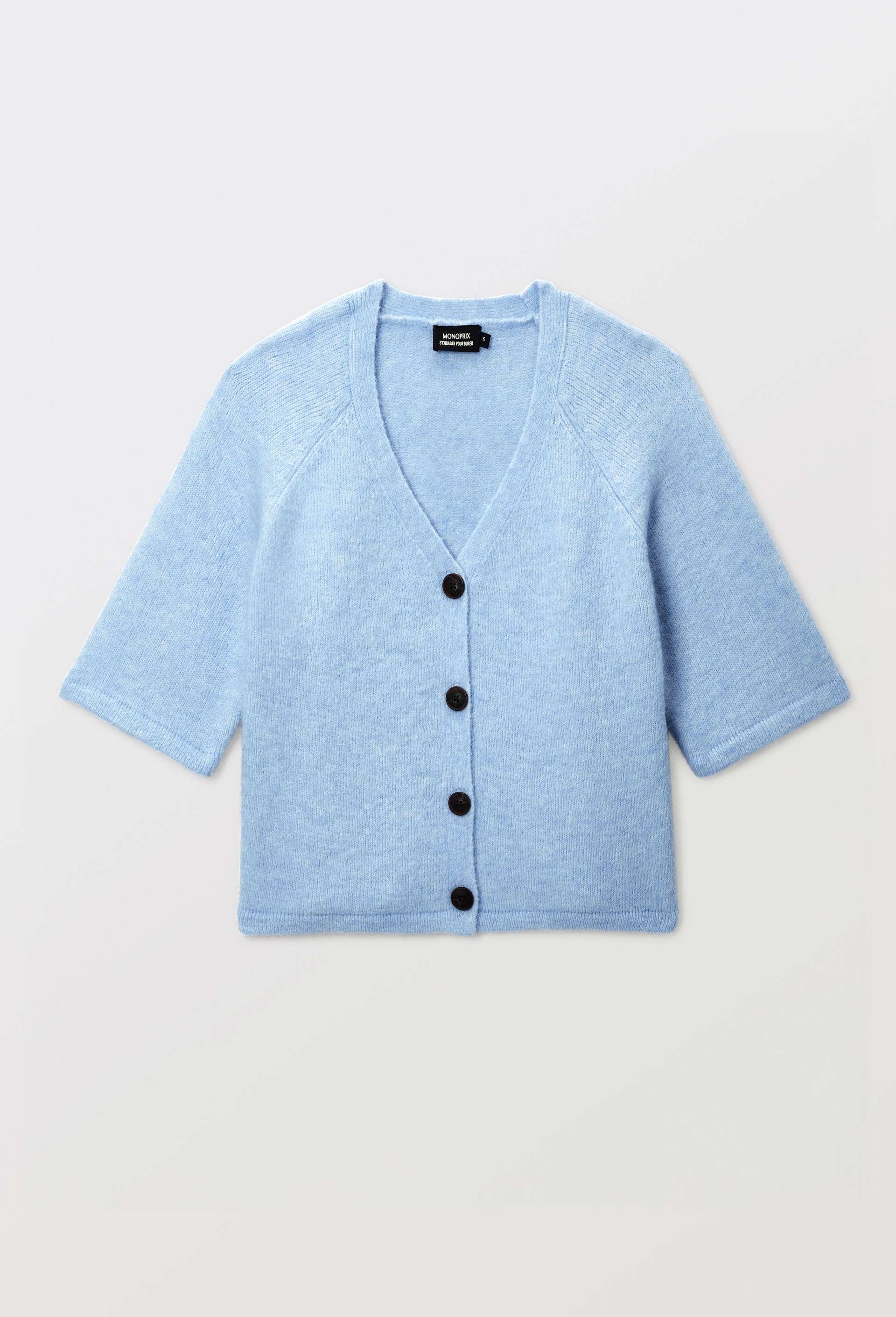 Cardigan manches coudes boutonn&eacute; contenant de l'alpaga, Bleu, large image number 2.0