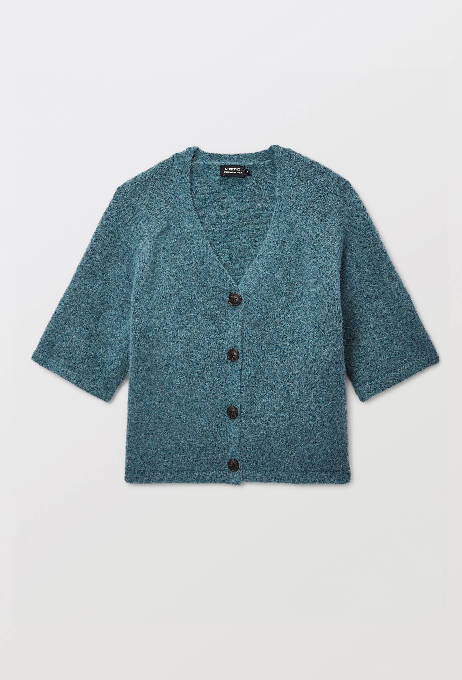 Cardigan manches coudes boutonn&eacute; contenant de l'alpaga, Vert fonc&eacute;, large image number 2.0