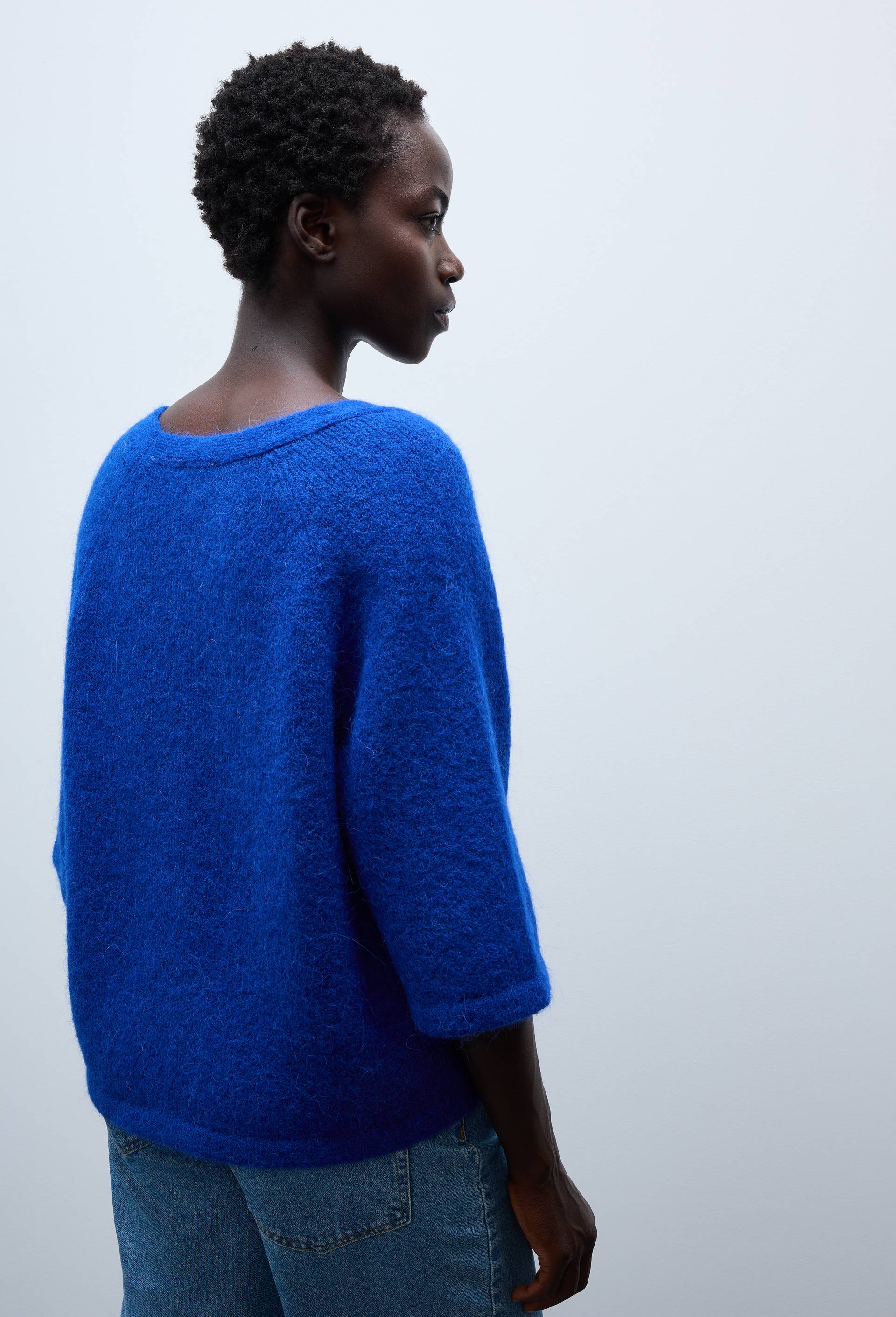 Cardigan manches coudes boutonn&eacute; contenant de l'alpaga, Bleu, large image number 1