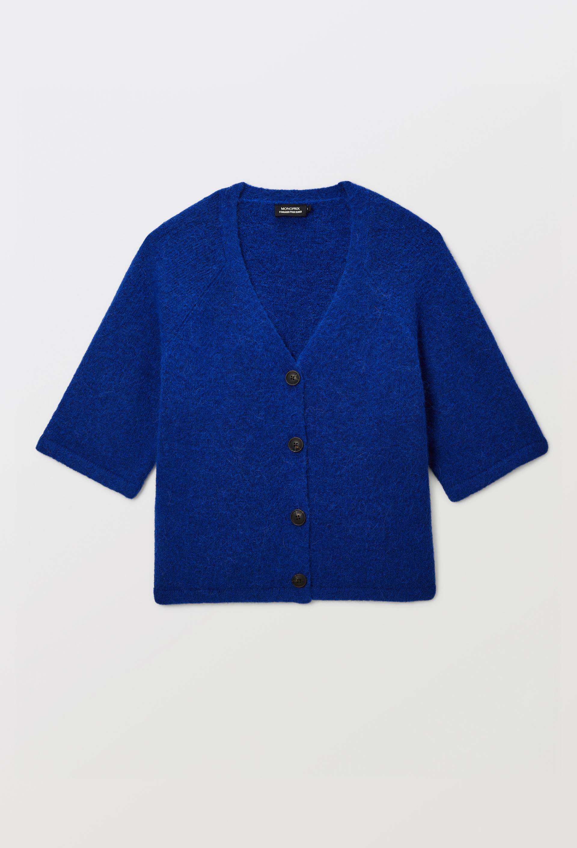 Cardigan manches coudes boutonn&eacute; contenant de l'alpaga, Bleu, large image number 2.0