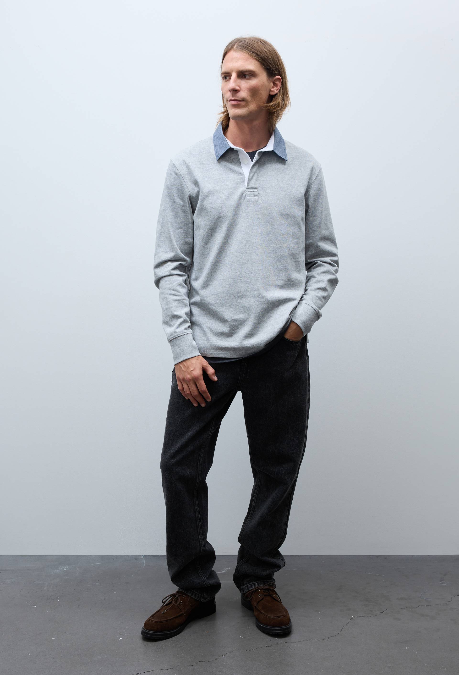 Polo manches longues en coton interlock BIO GOTS, Gris, large image number 0.0
