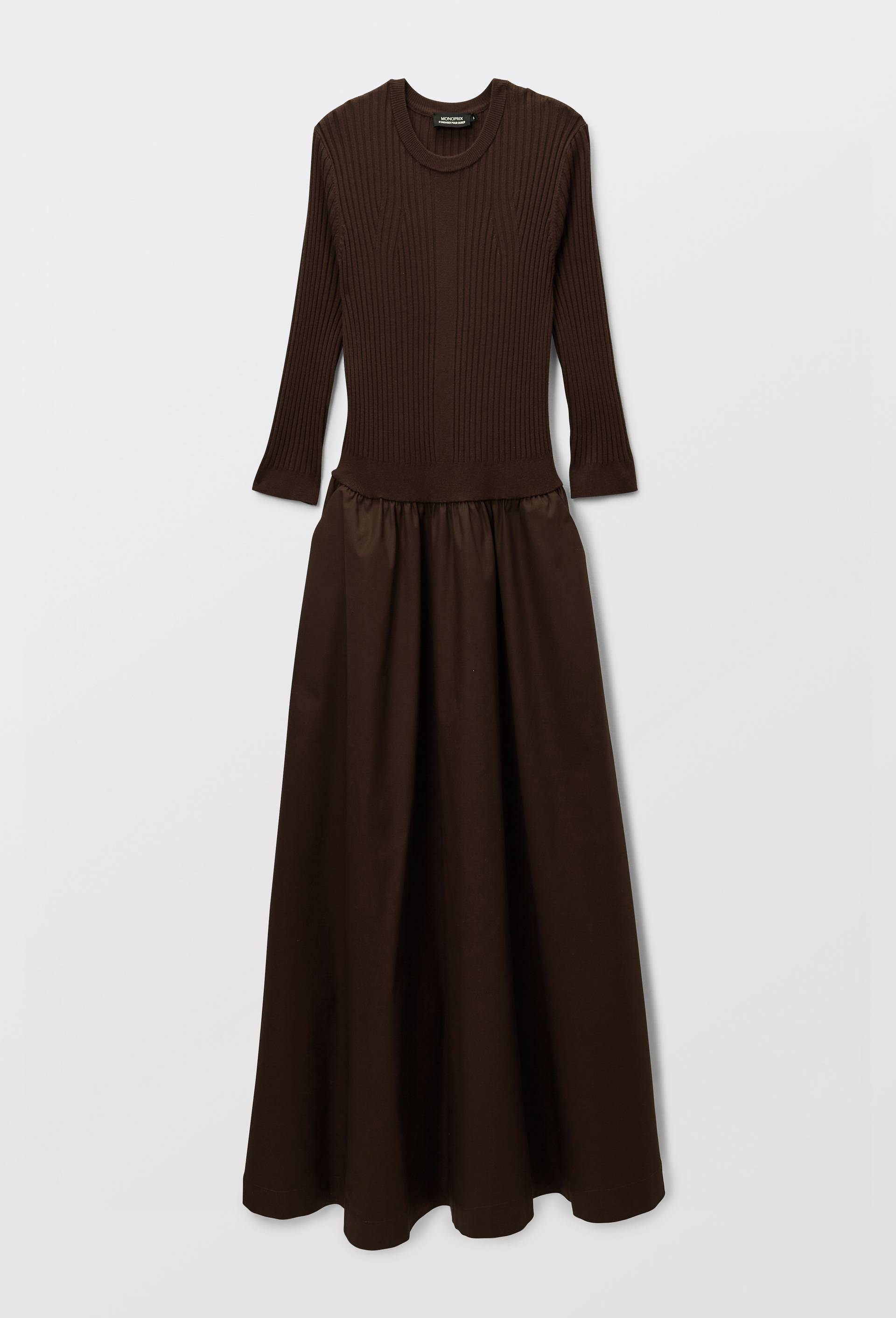 Robe longue bi-mati&egrave;re, Brun, large image number 3