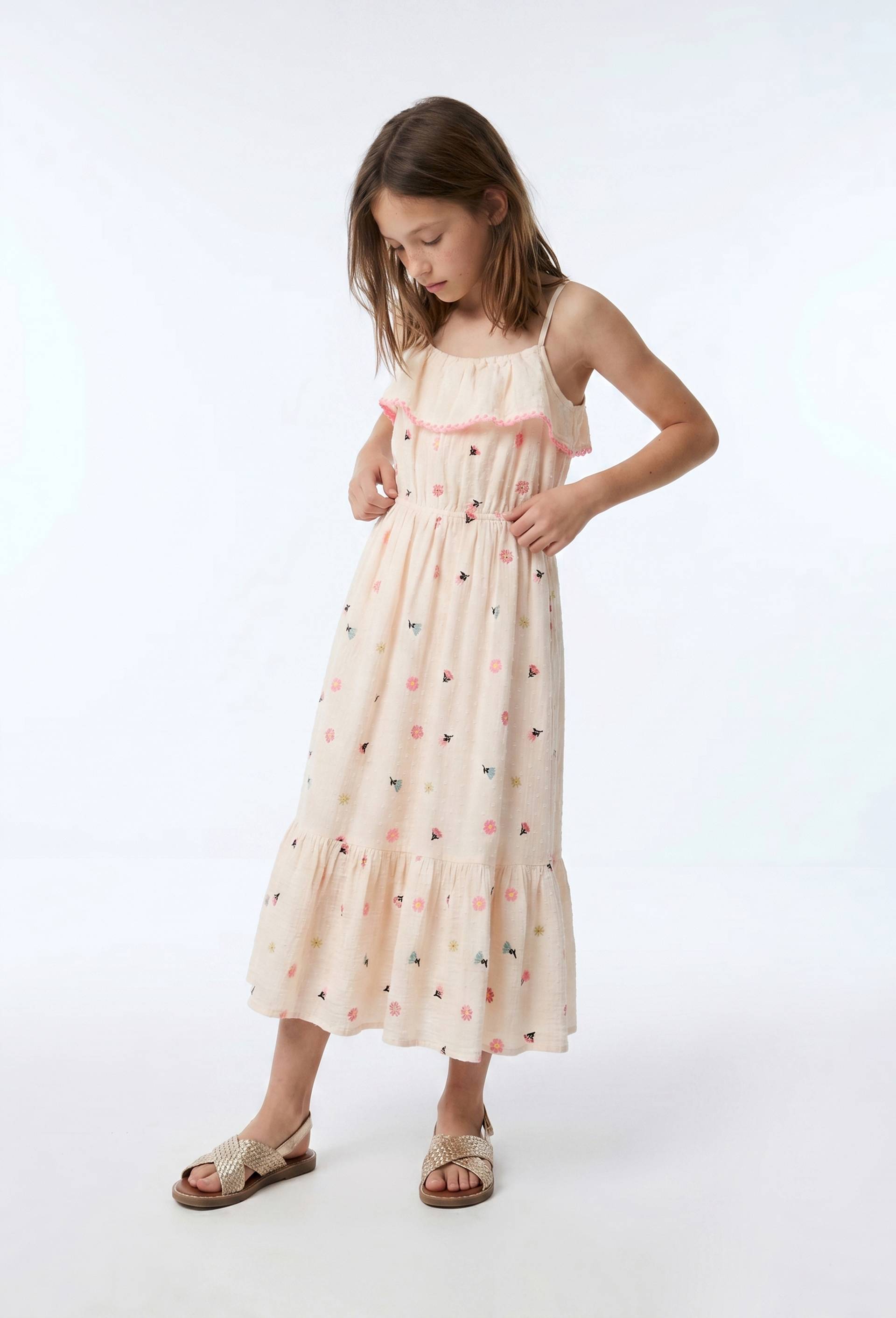Robe longue &agrave; bretelles imprim&eacute;e en coton, Beige clair, large image number 0