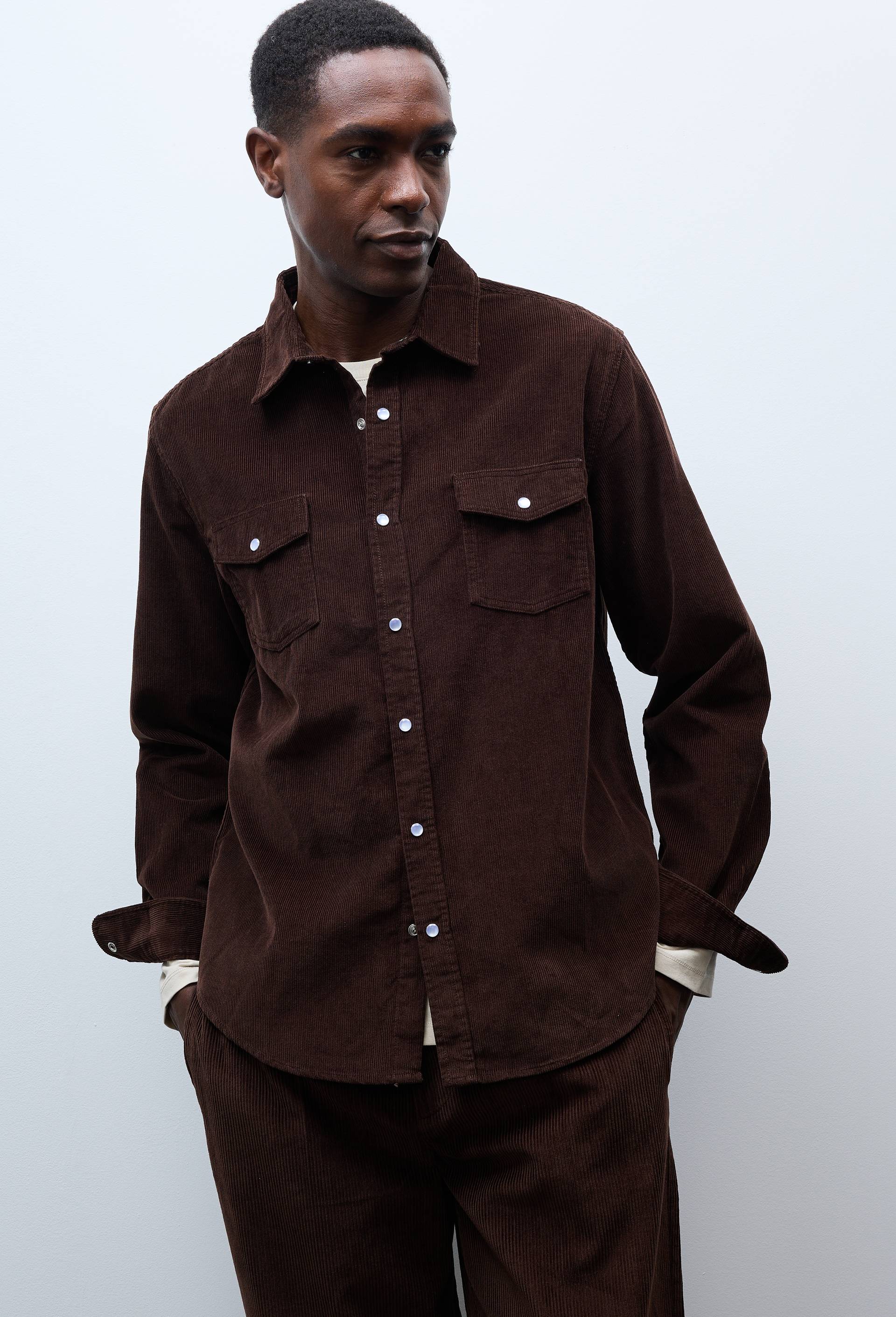 Chemise manches longues &agrave; snaps velours en coton BIO GOTS, Brun fonc&eacute;, large image number 0.0