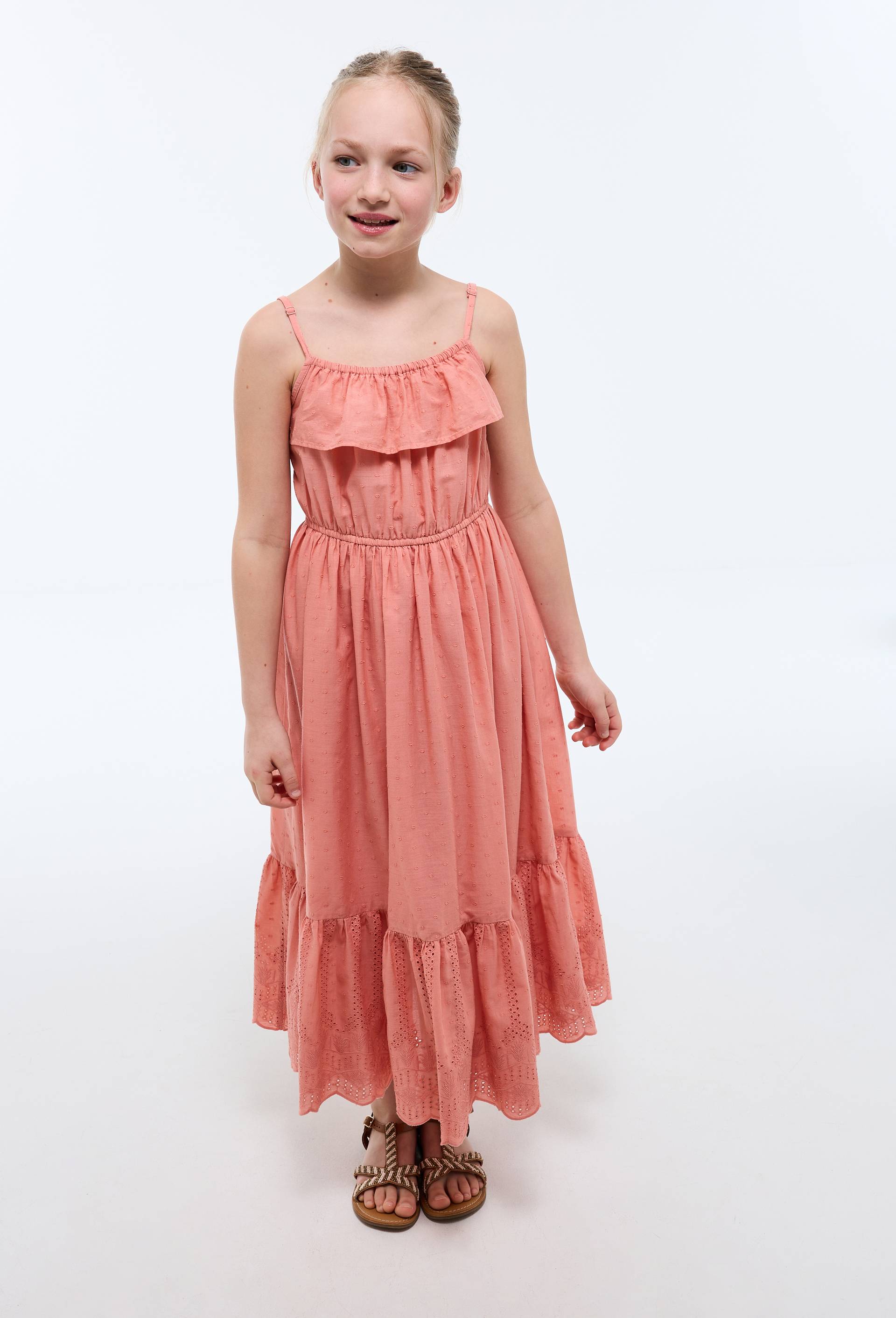 Robe longue &agrave; bretelles et broderies en coton, Rose, swatch image
