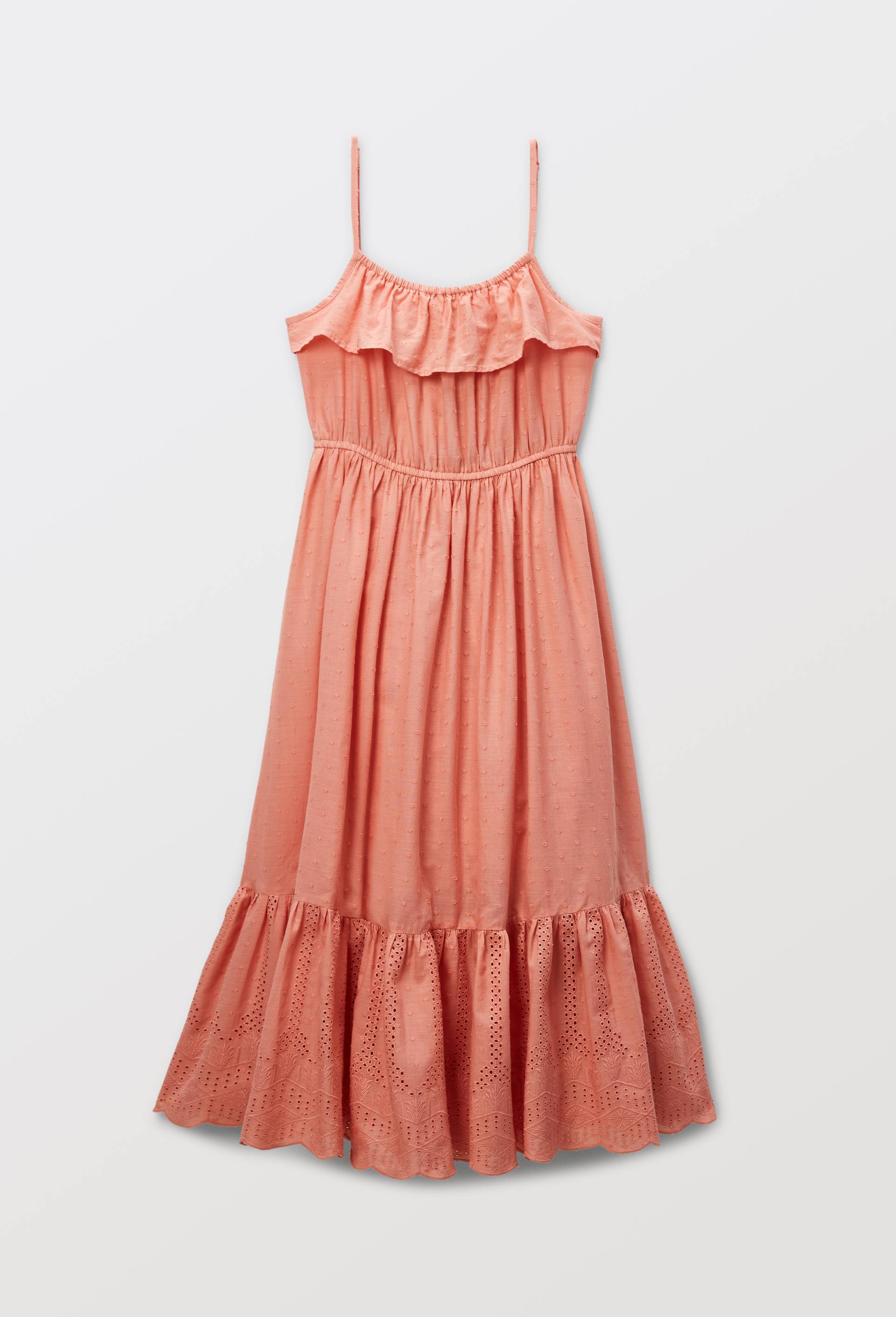 Robe longue &agrave; bretelles et broderies en coton, Rose, large image number 1