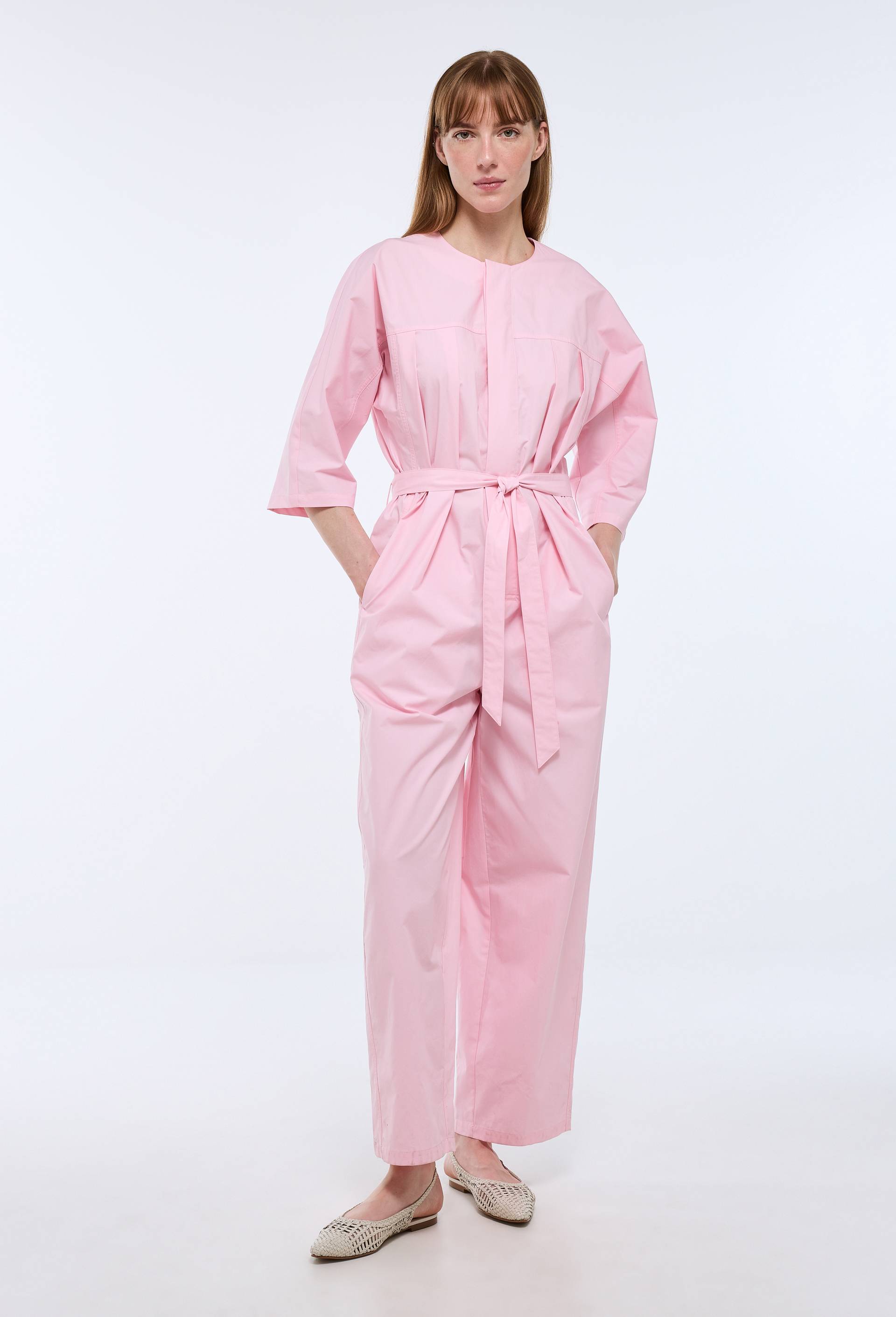 Combinaison pantalon ceintur&eacute; en coton, Rose, large image number 1