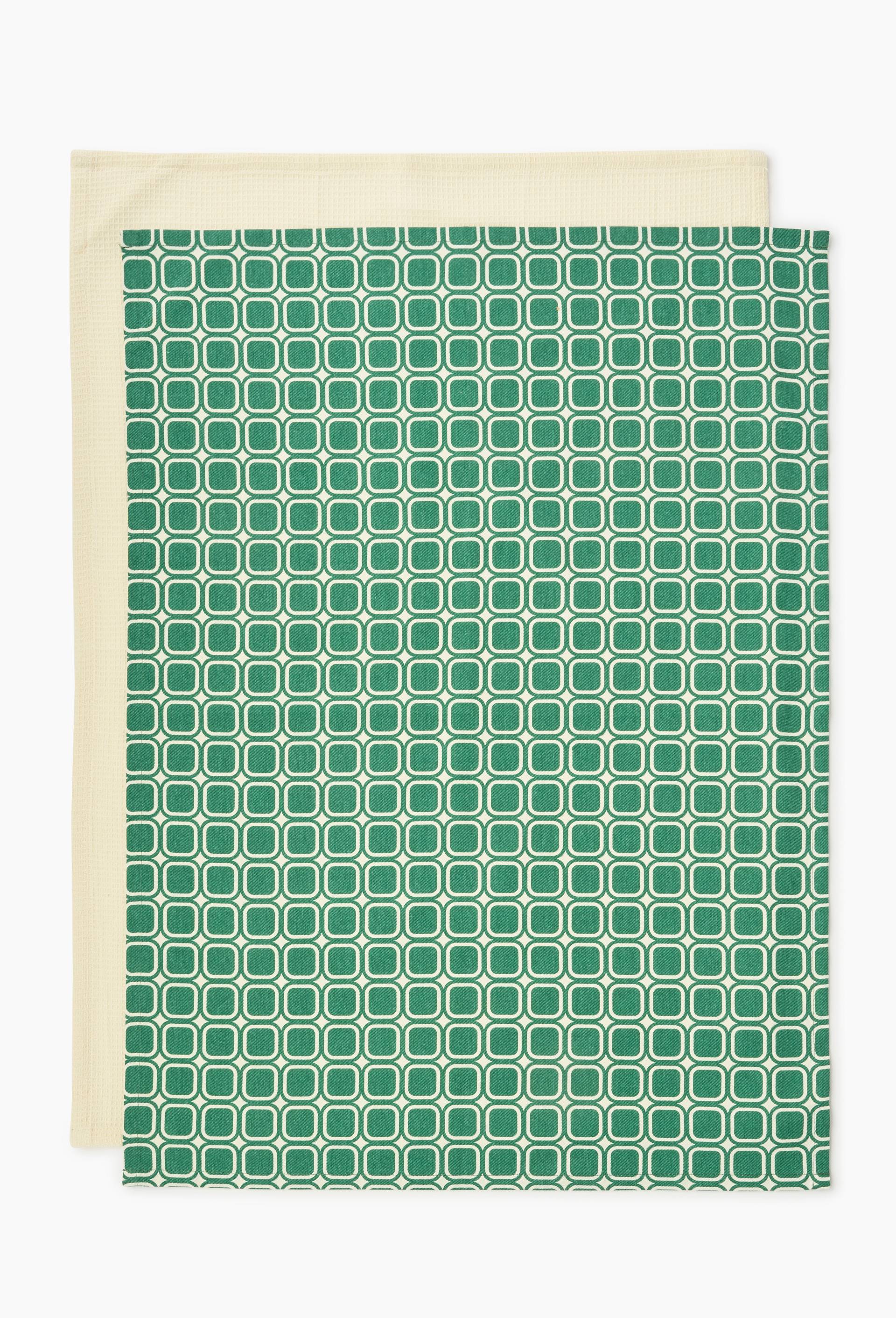 Lot de deux torchons imprim&eacute; et nid d'abeille, 50x70cm, 100% coton, Ecru, large image number 1