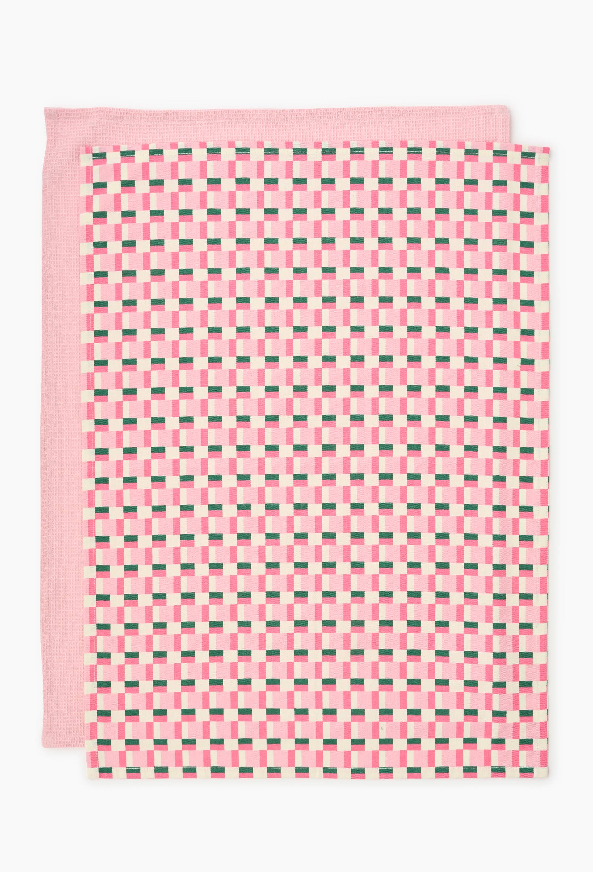 Lot de deux torchons imprim&eacute; et nid d'abeille , 50x70cm, 100% coton, Rose, large image number 1