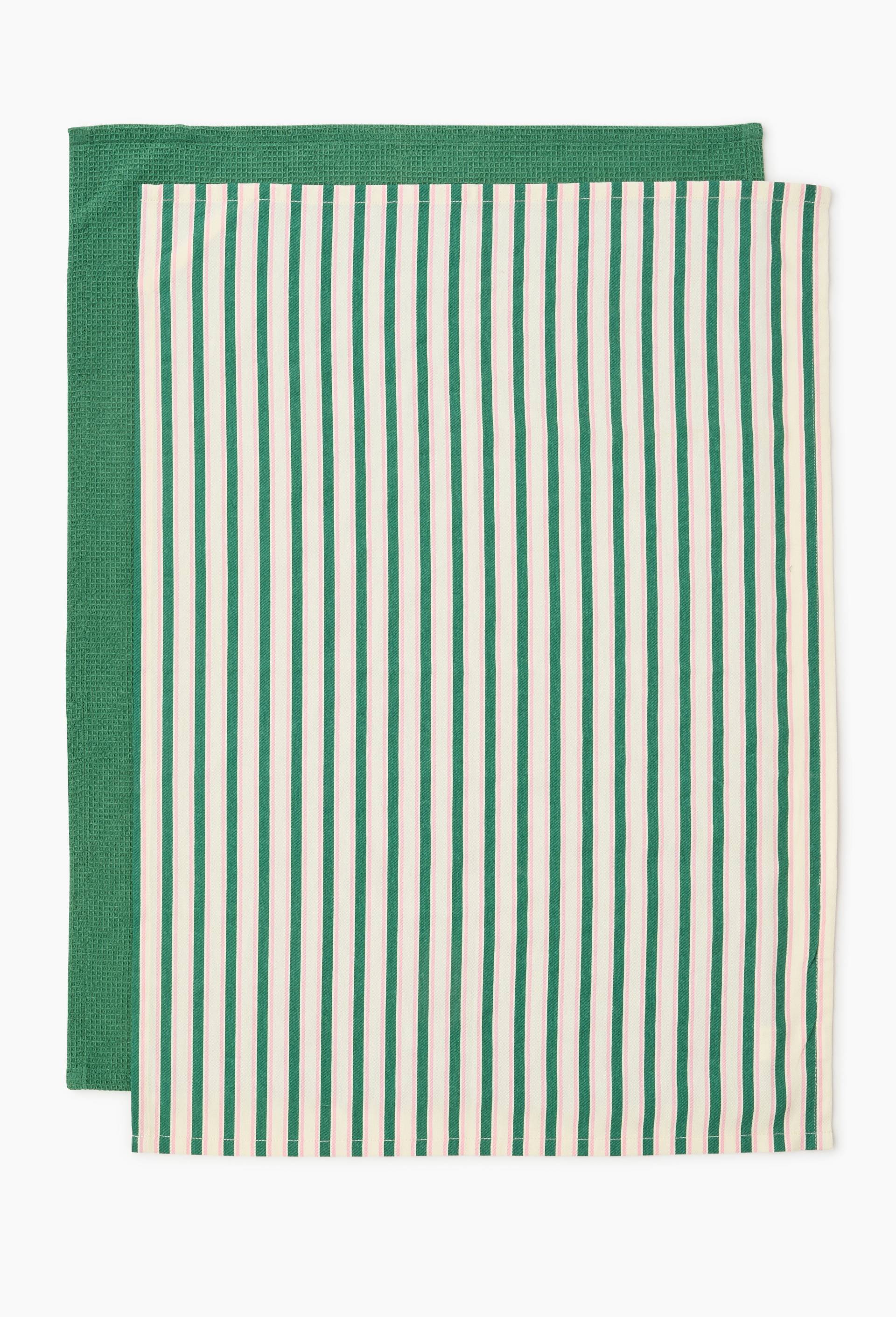 Lot de deux torchons imprim&eacute; ray&eacute; et nid d'abeille, 50x70cm, 100% coton, Vert, large image number 1