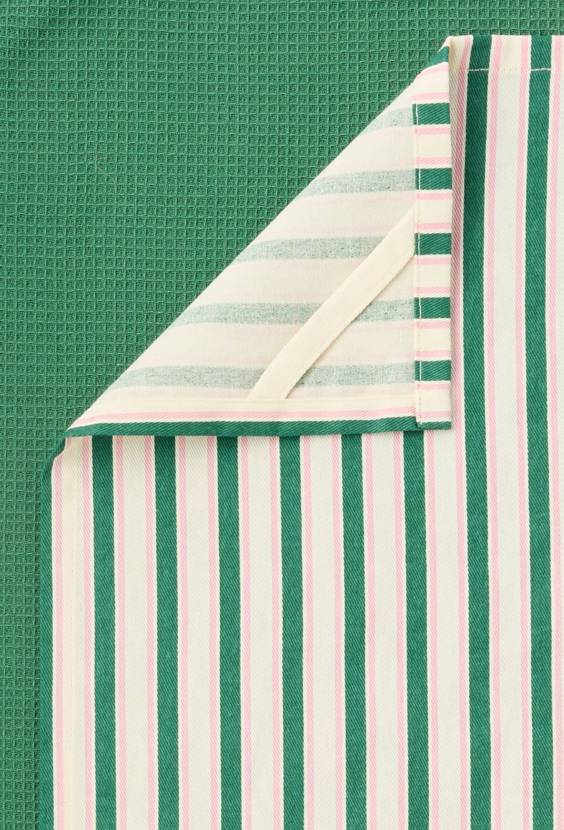 Lot de deux torchons imprim&eacute; ray&eacute; et nid d'abeille, 50x70cm, 100% coton, Vert, large image number 2.0