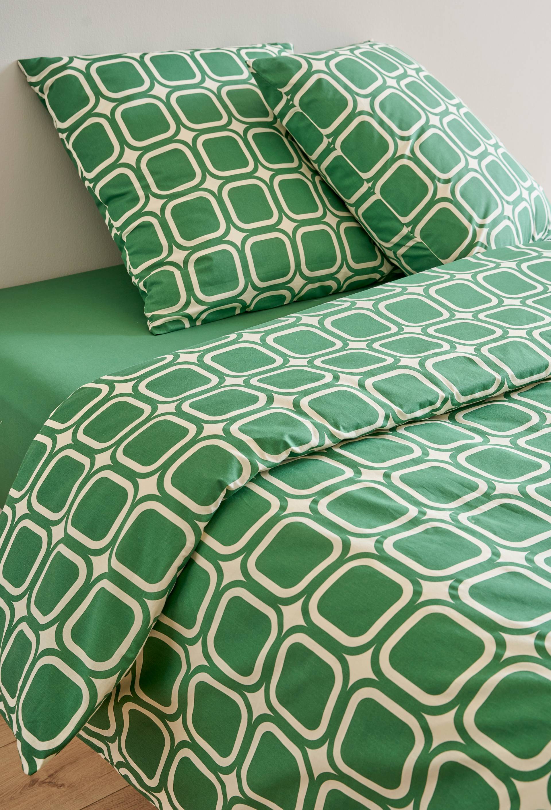 Lot housse de couette &agrave; imprim&eacute; et taies d'oreiller, 240x220cm et 63x63cm, 100% coton bio GOTS, Vert, large image number 0