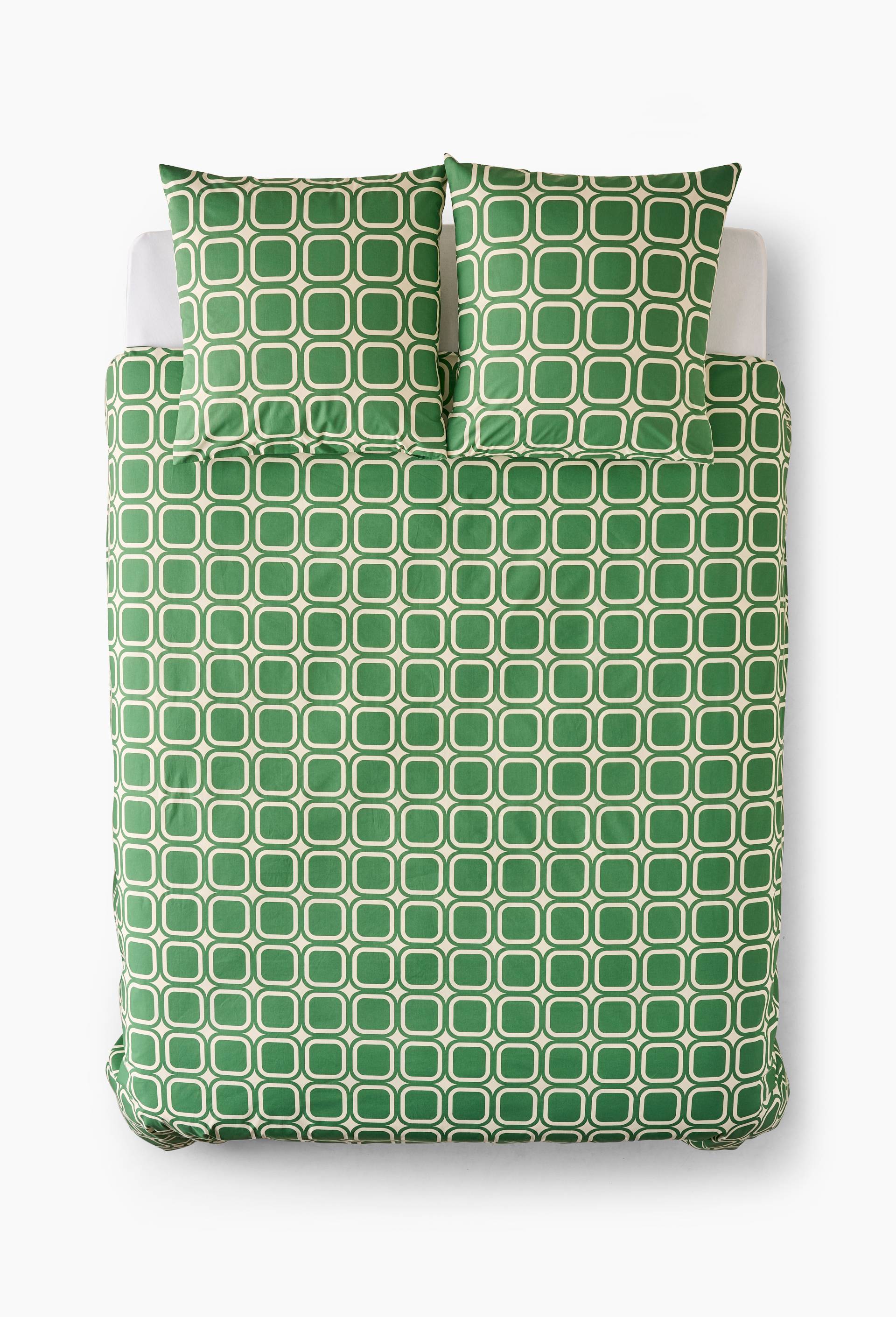 Lot housse de couette &agrave; imprim&eacute; et taies d'oreiller, 240x220cm et 63x63cm, 100% coton bio GOTS, Vert, large image number 1