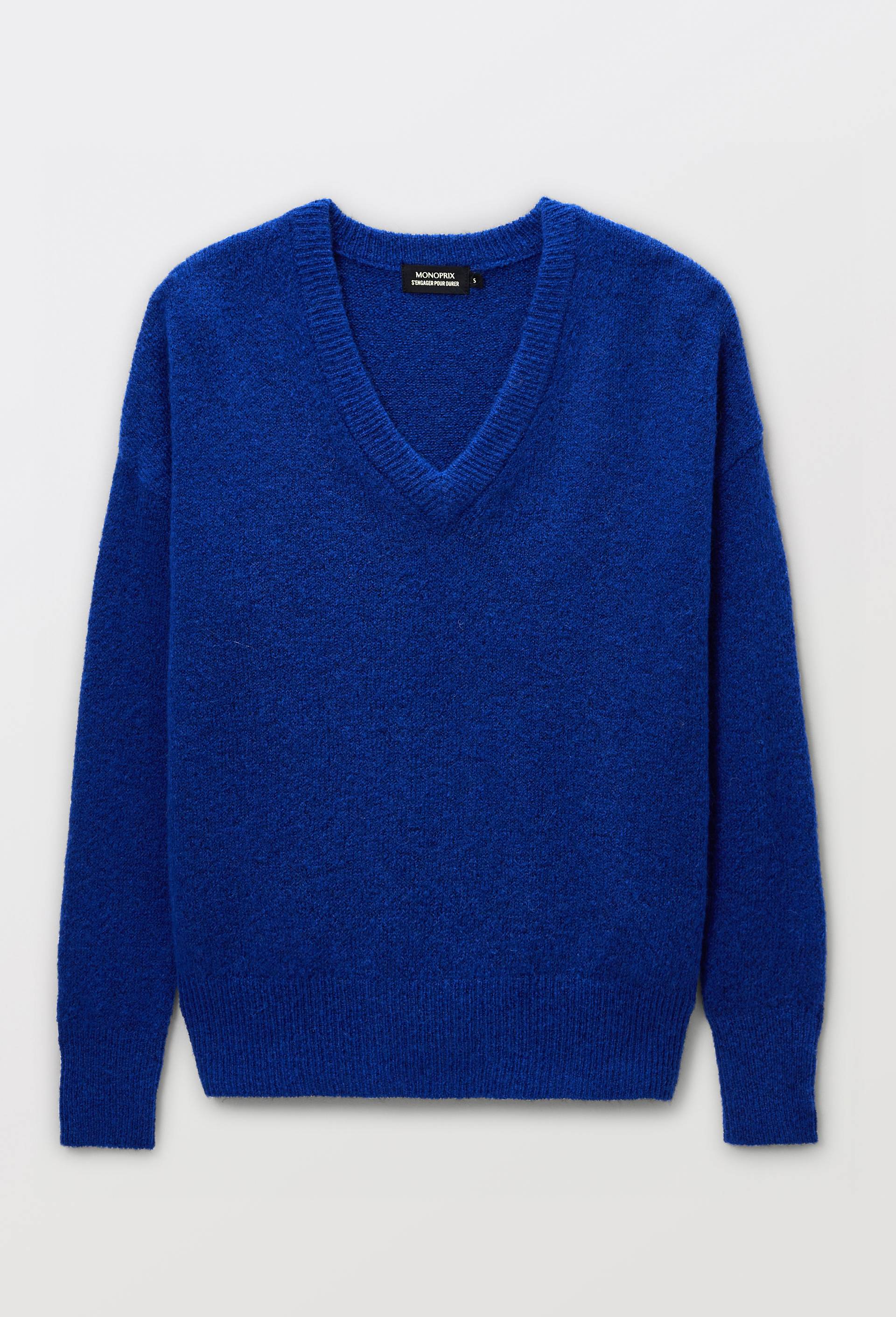 Pull col V uni contenant de l'alpaga, Bleu, large image number 2