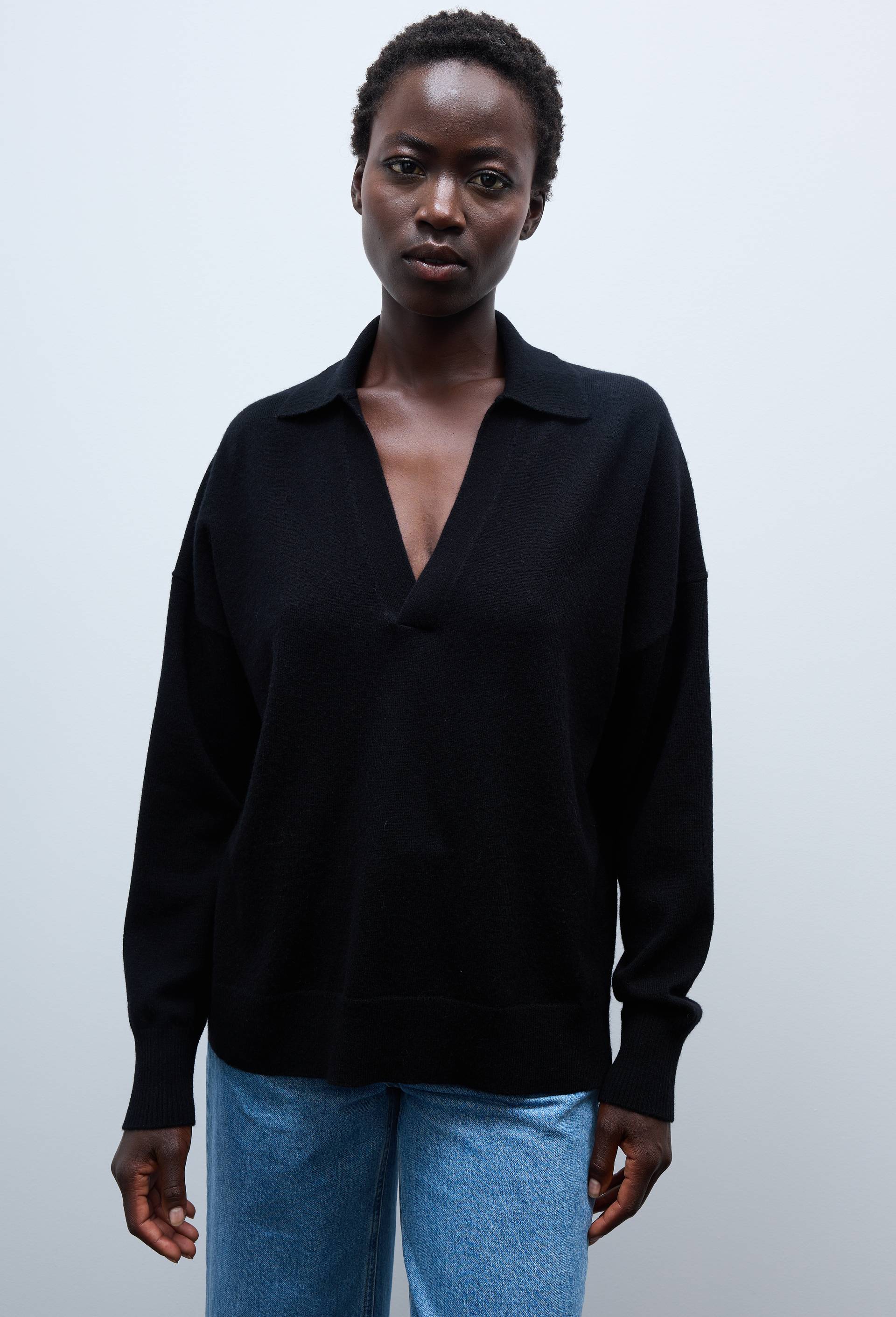 Pull col polo uni contenant de la laine et du cachemire, Noir, swatch image