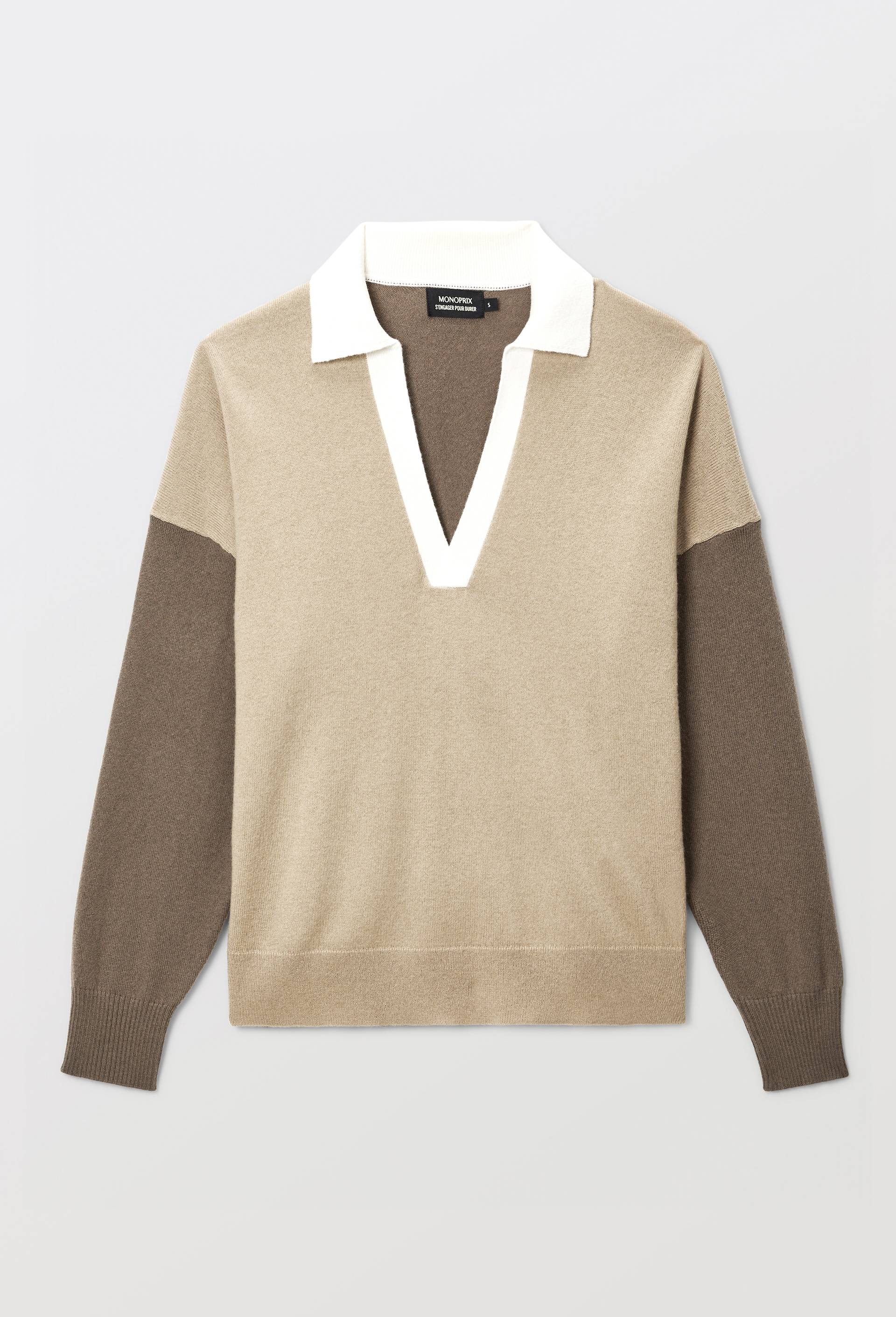 Pull col polo contrast&eacute; contenant de la laine et du cachemire, Beige, large image number 3