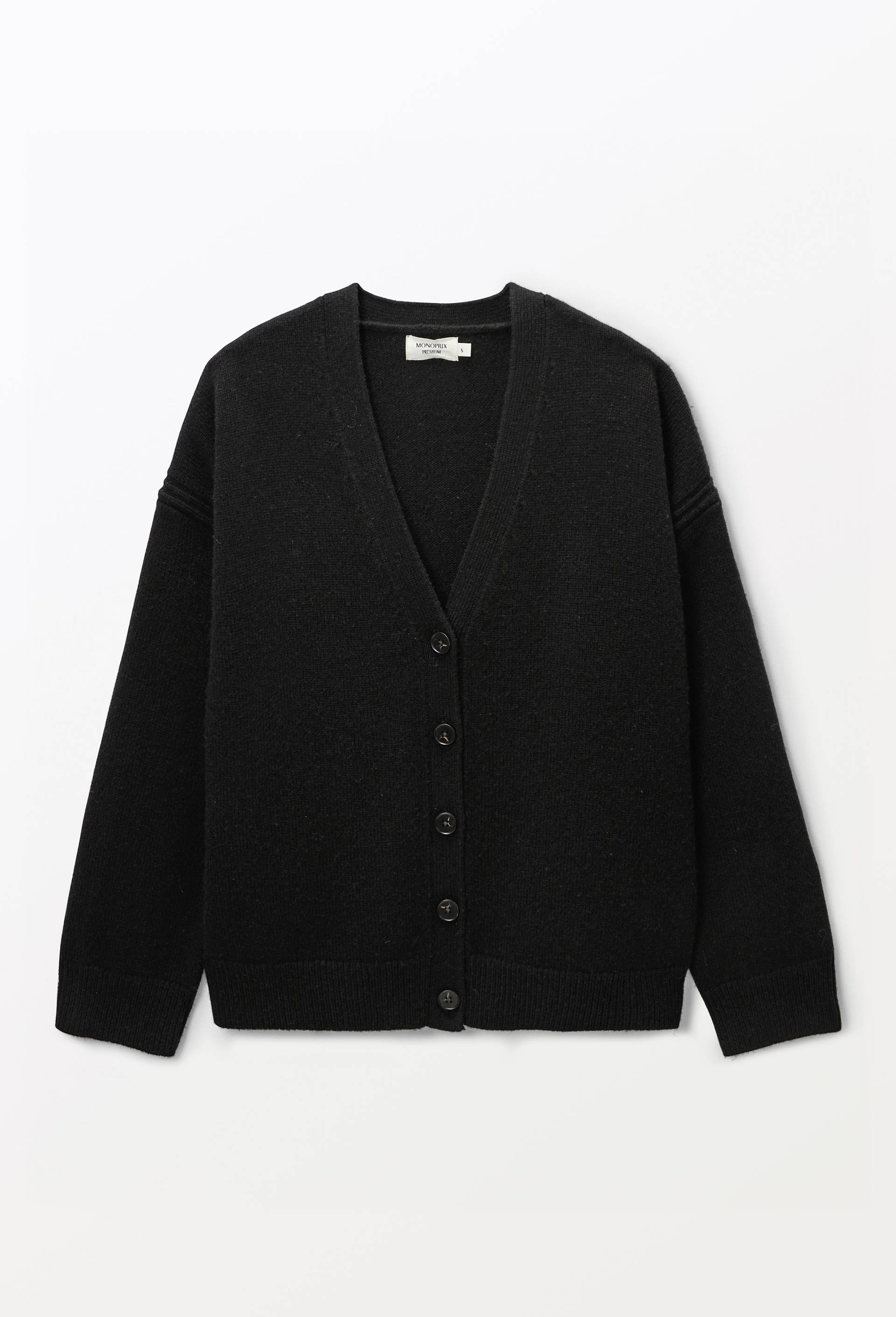 Cardigan boutonn&eacute; manches longues en laine, Noir, large image number 2.0