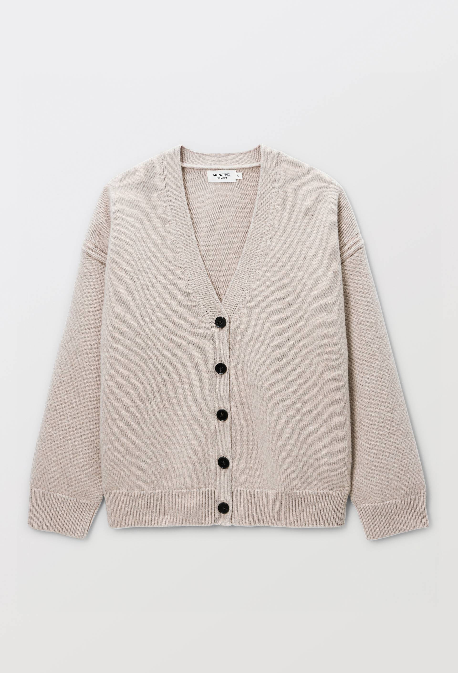 Cardigan boutonn&eacute; manches longues en laine, Beige clair, large image number 2.0