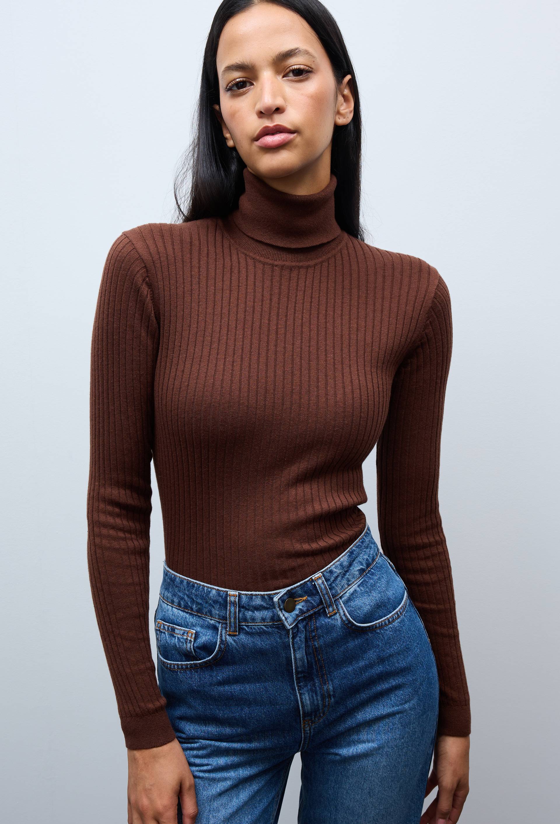 Pull col roul&eacute; &agrave; c&ocirc;tes uni en coton et cachemire m&eacute;lang&eacute;s, Brun, swatch image